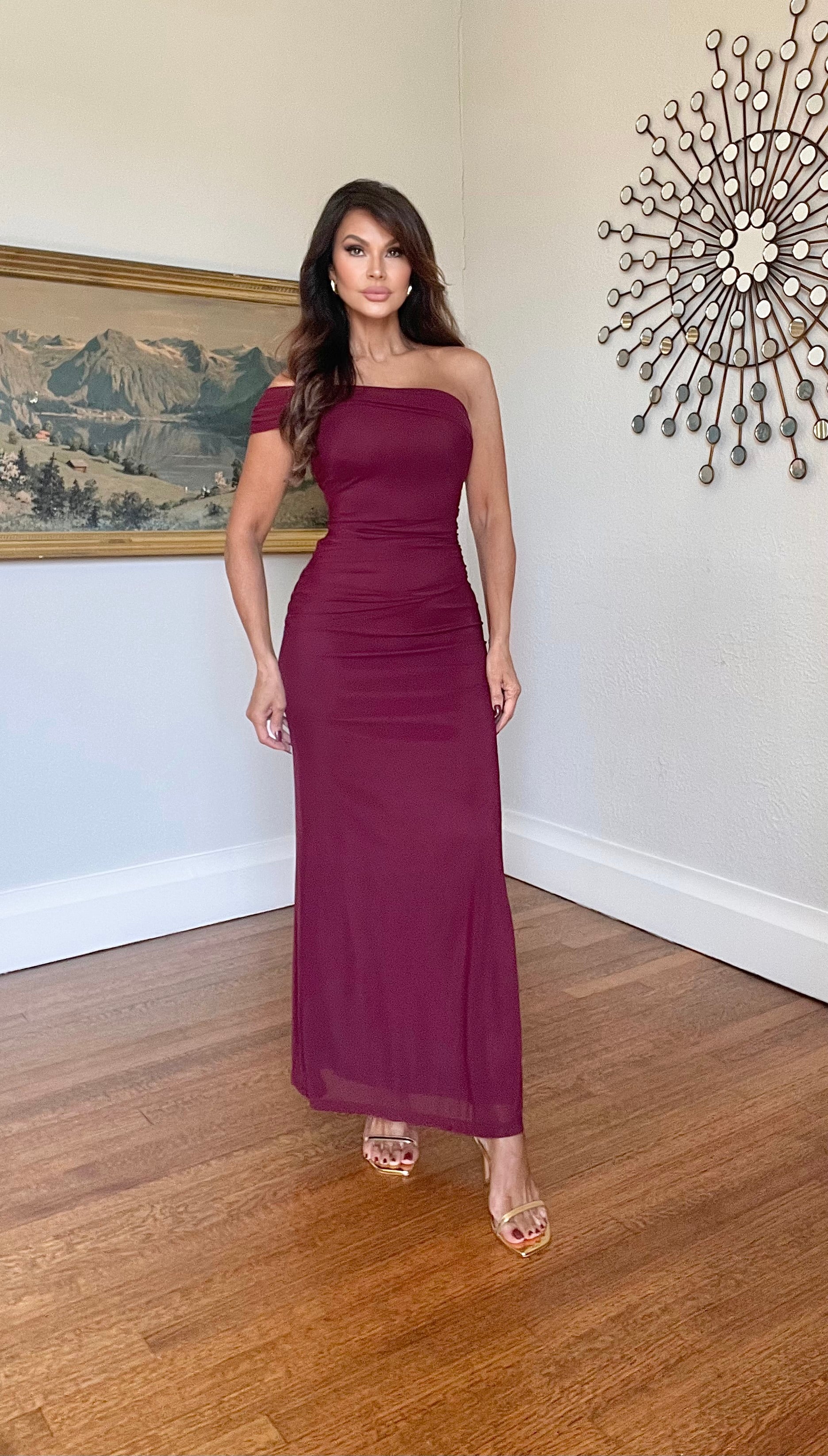 Tara Deep Wine One Shoulder Side Ruched Midi Dress