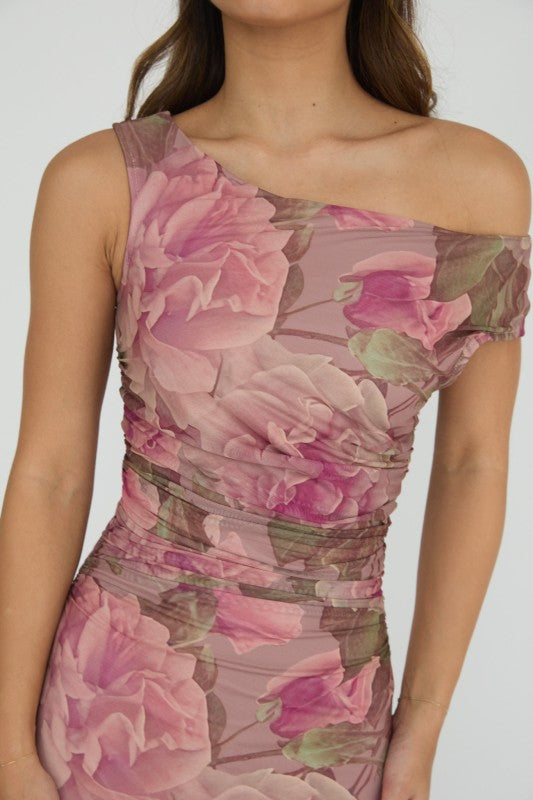 Trisha Blush Floral Mesh One Shoulder Side Ruffle Midi Dress