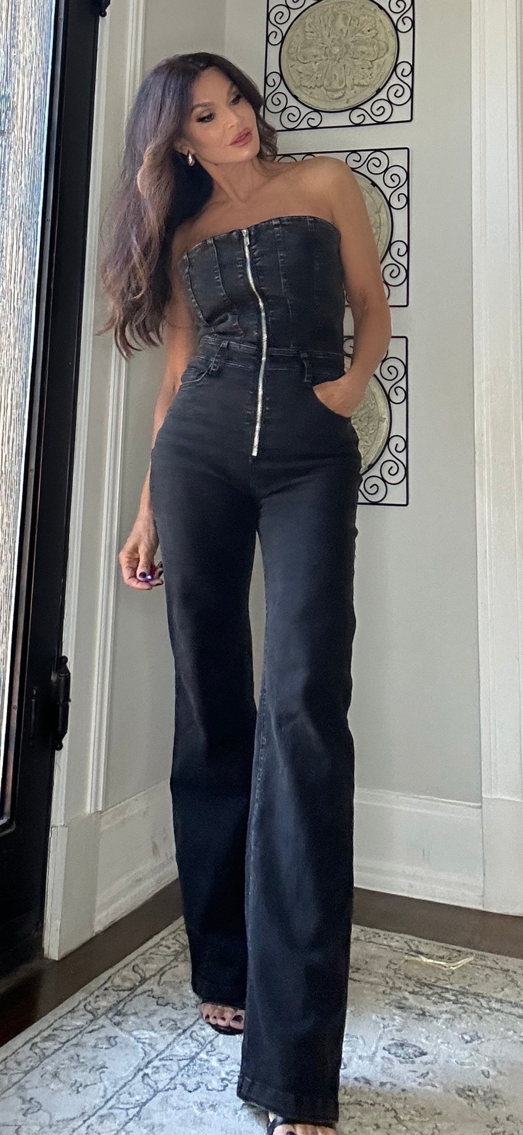 Raven Black Denim Strapless Jumpsuit