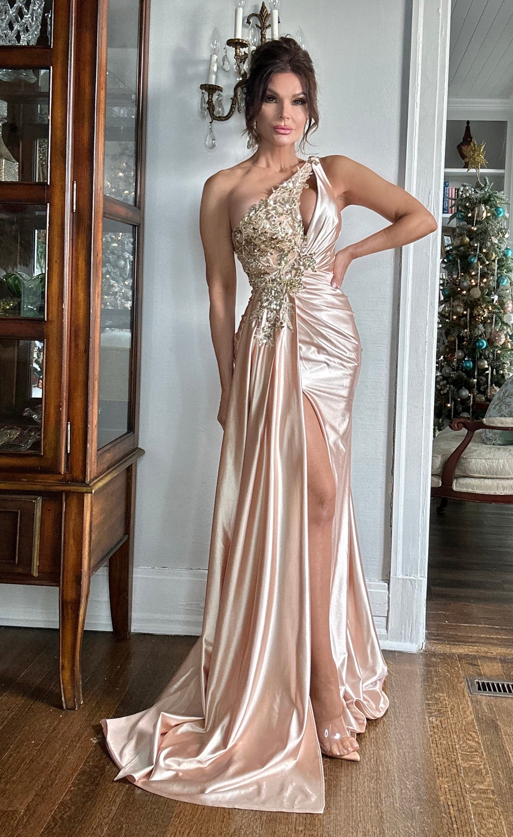 Porsha champagne one shoulder embellished satin gown