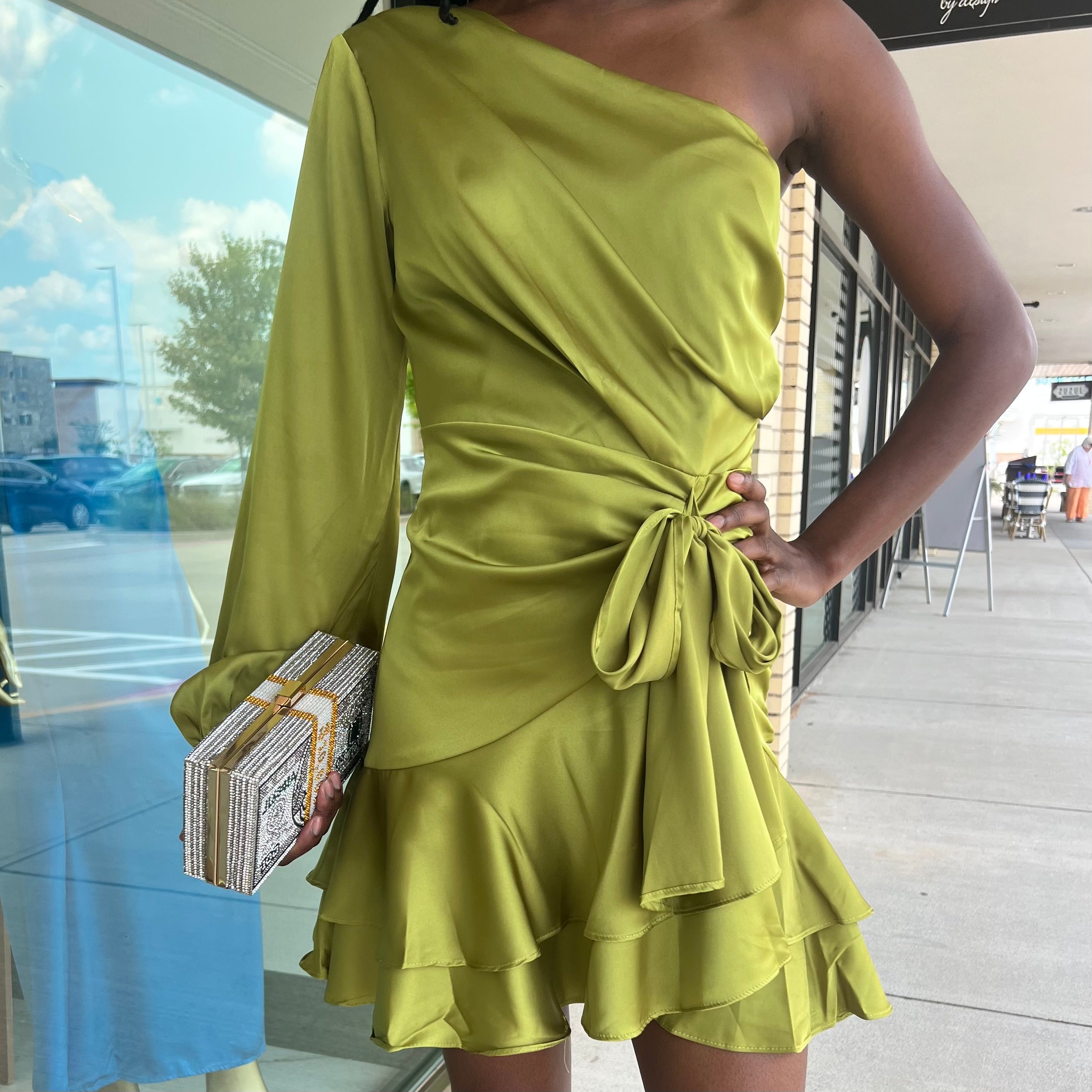 Lori Avocado Green Satin One Shoulder Ruffle Hem Mini Dress