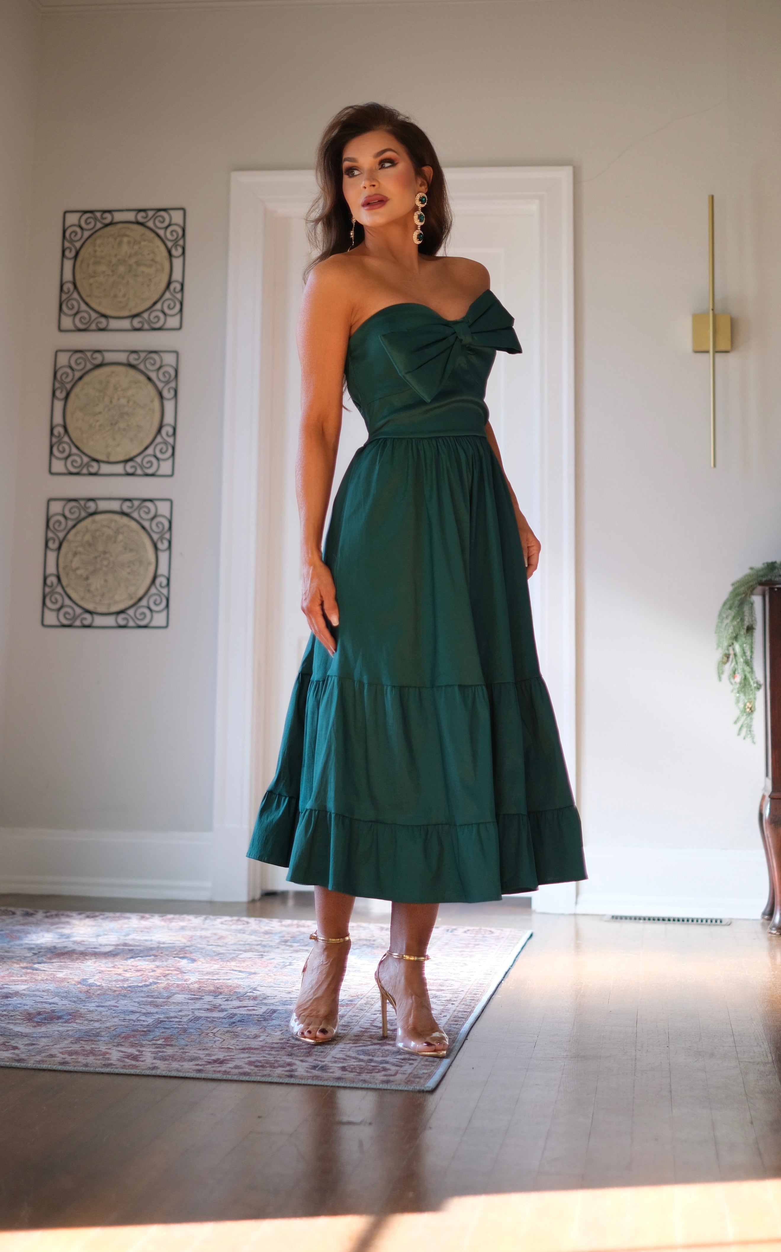 Cindy Hunter Green Strapless Midi Dress with Bow Detail