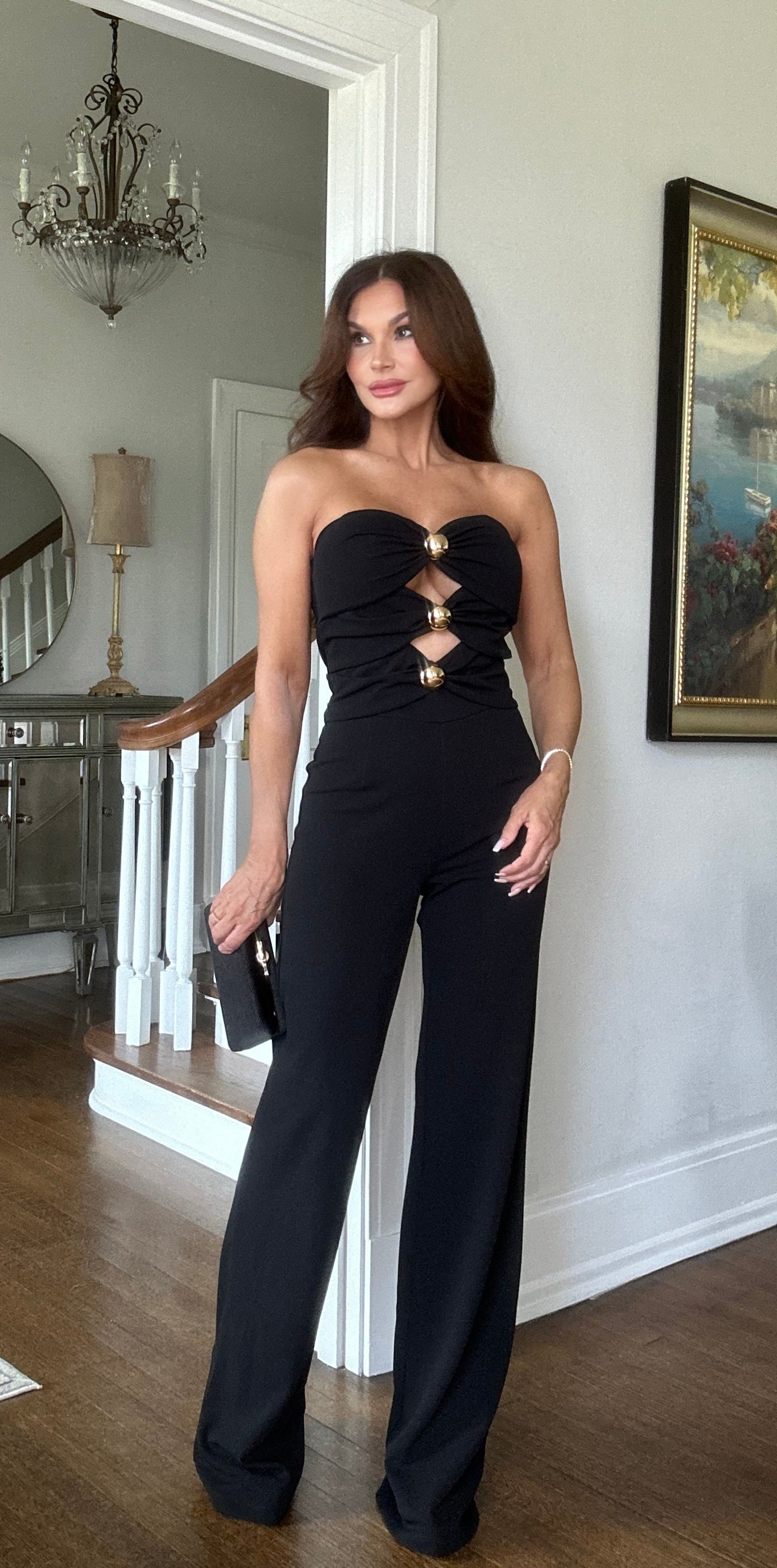 Jaylene black strapless peak a boo button jumpsuit