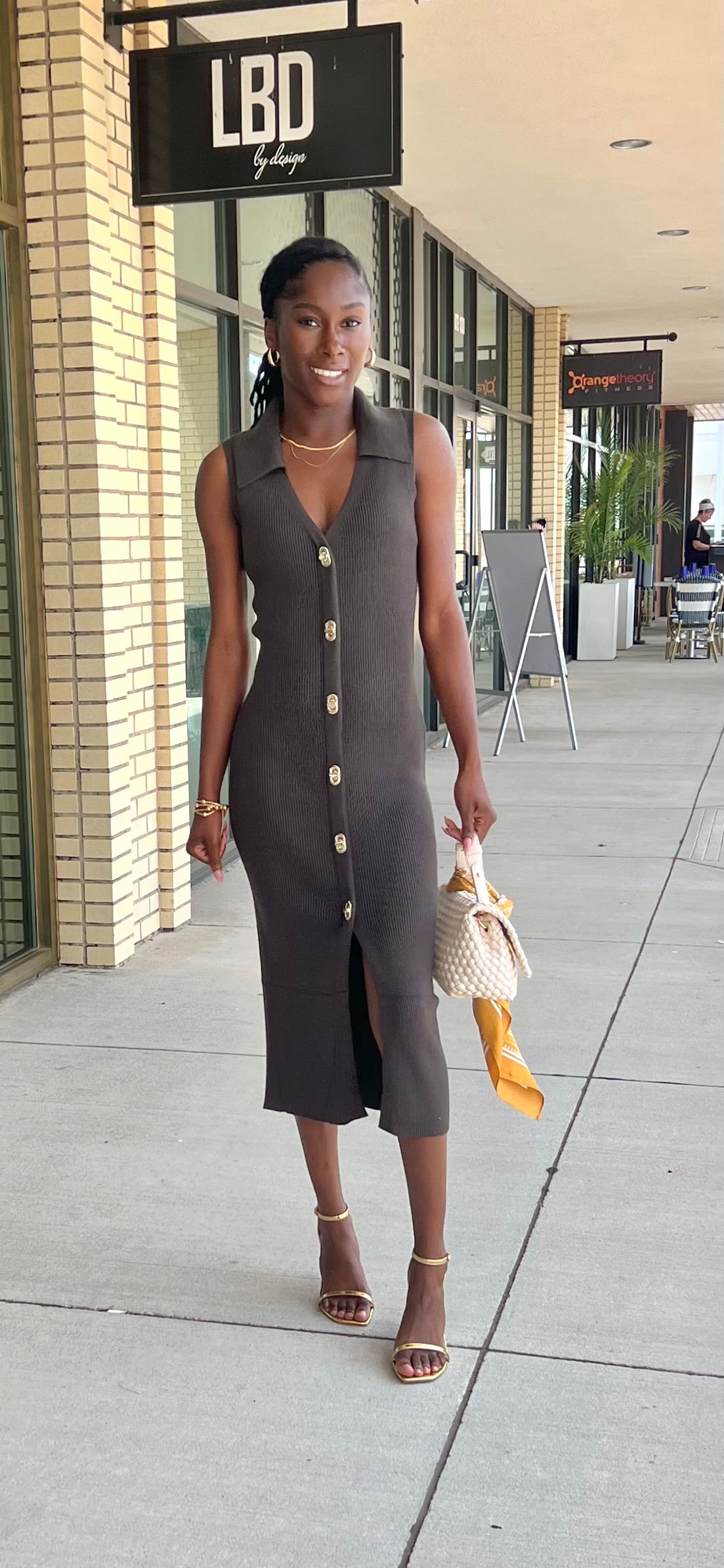 Italy dark olive sweater midi dress with gold hardware