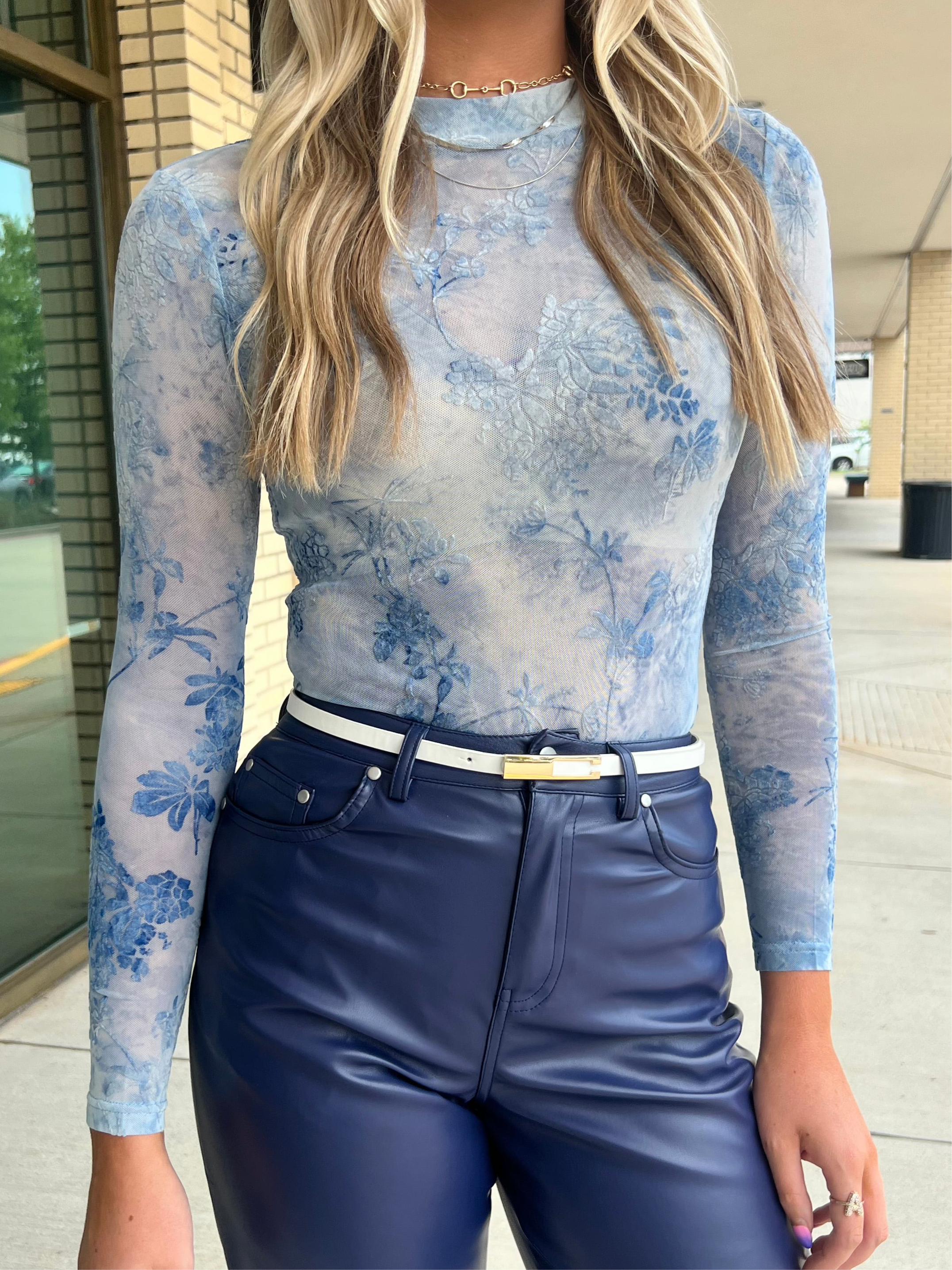 Monet Baby Blue Print Long Sleeve Mesh Bodysuit