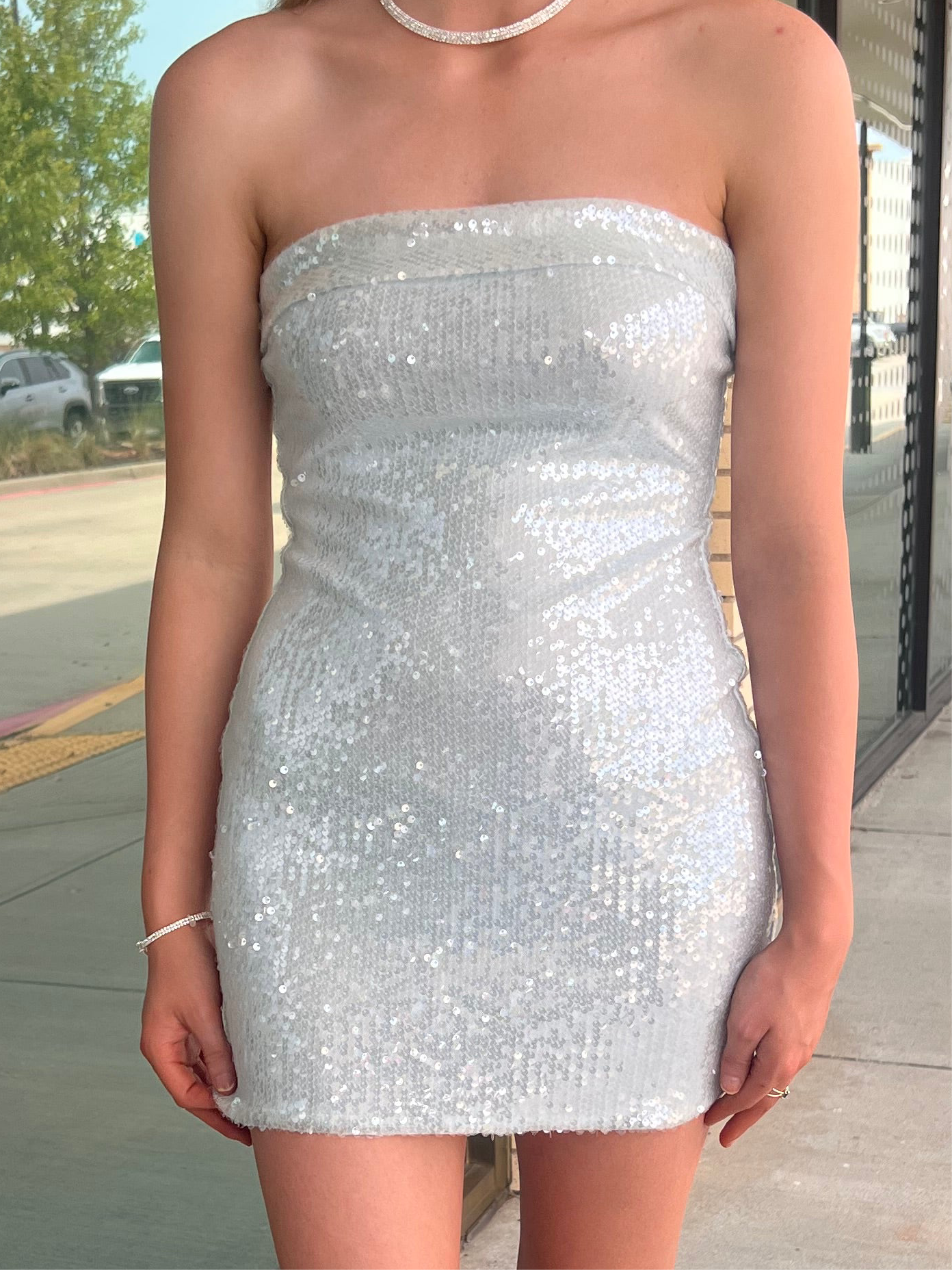 Arya Ice Blue Sequin Strapless Mini Dress
