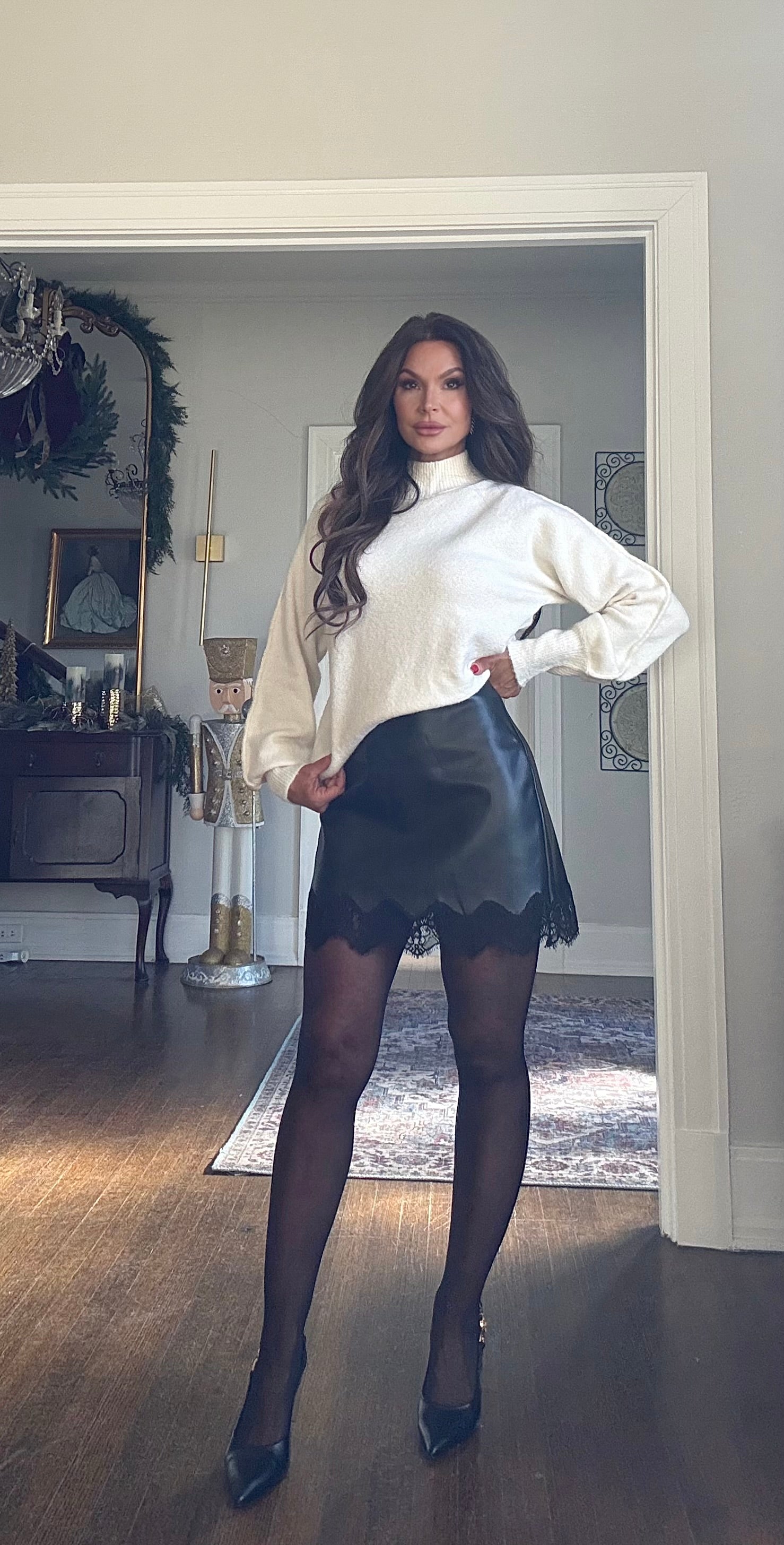 Chloe Black Vegan Leather Mini Skirt With Lace Trim