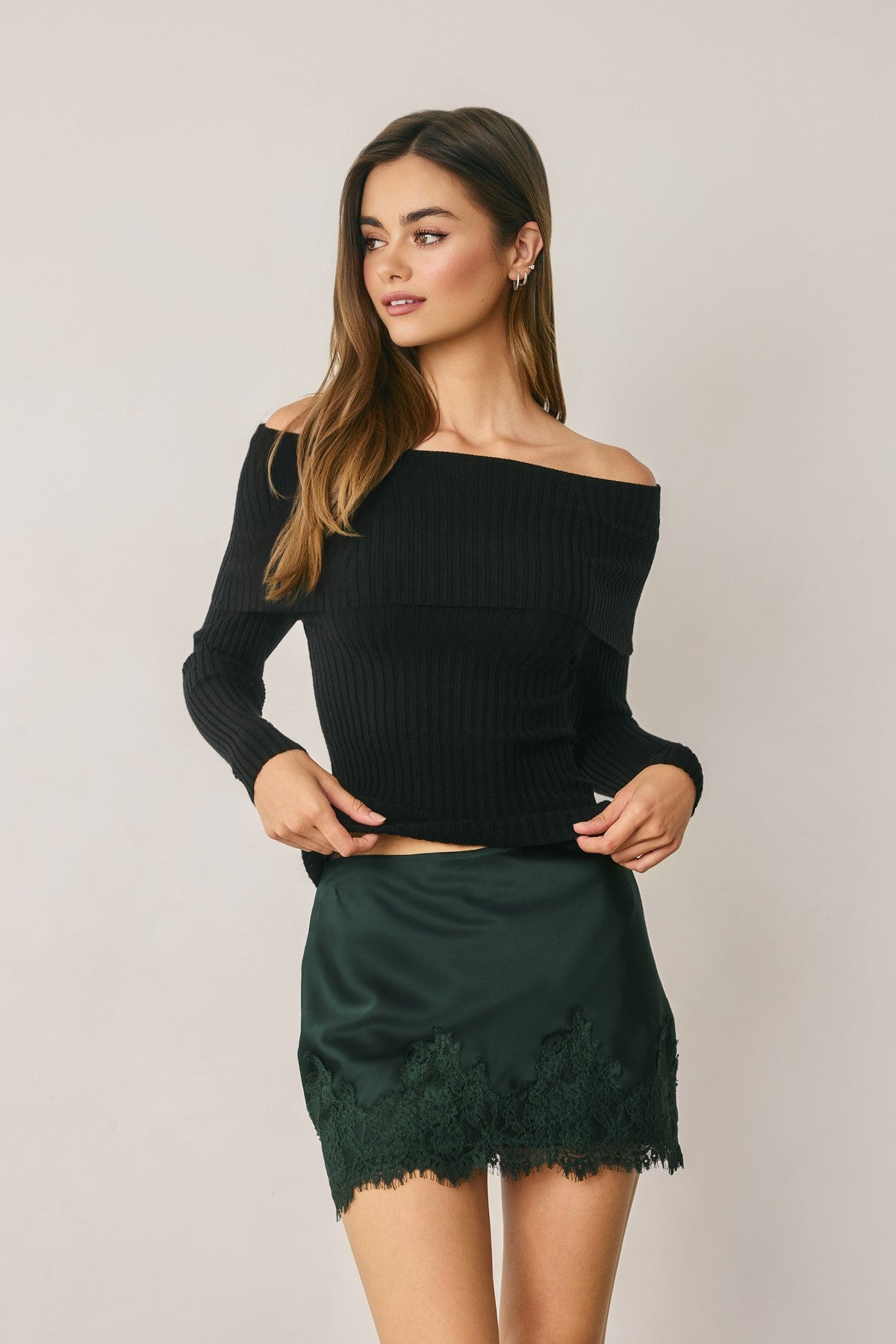 Lizzie Satin Lace Trim Mini Skirt