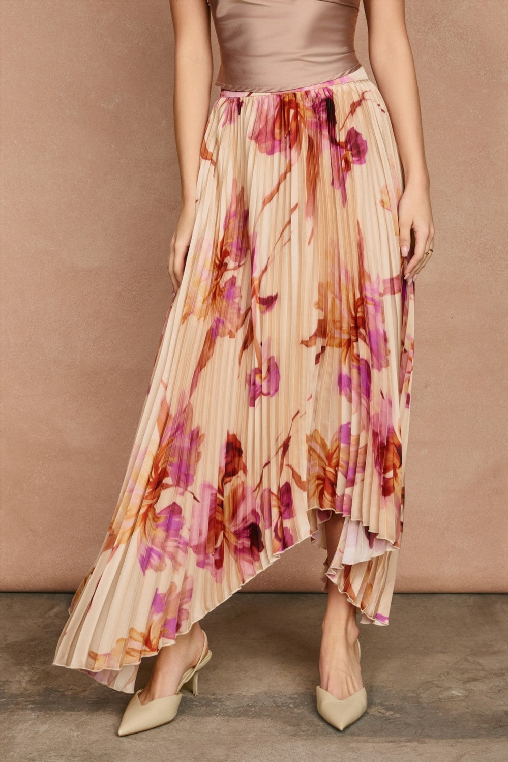 Kilah Cream Floral Pleated Maxi Skirt