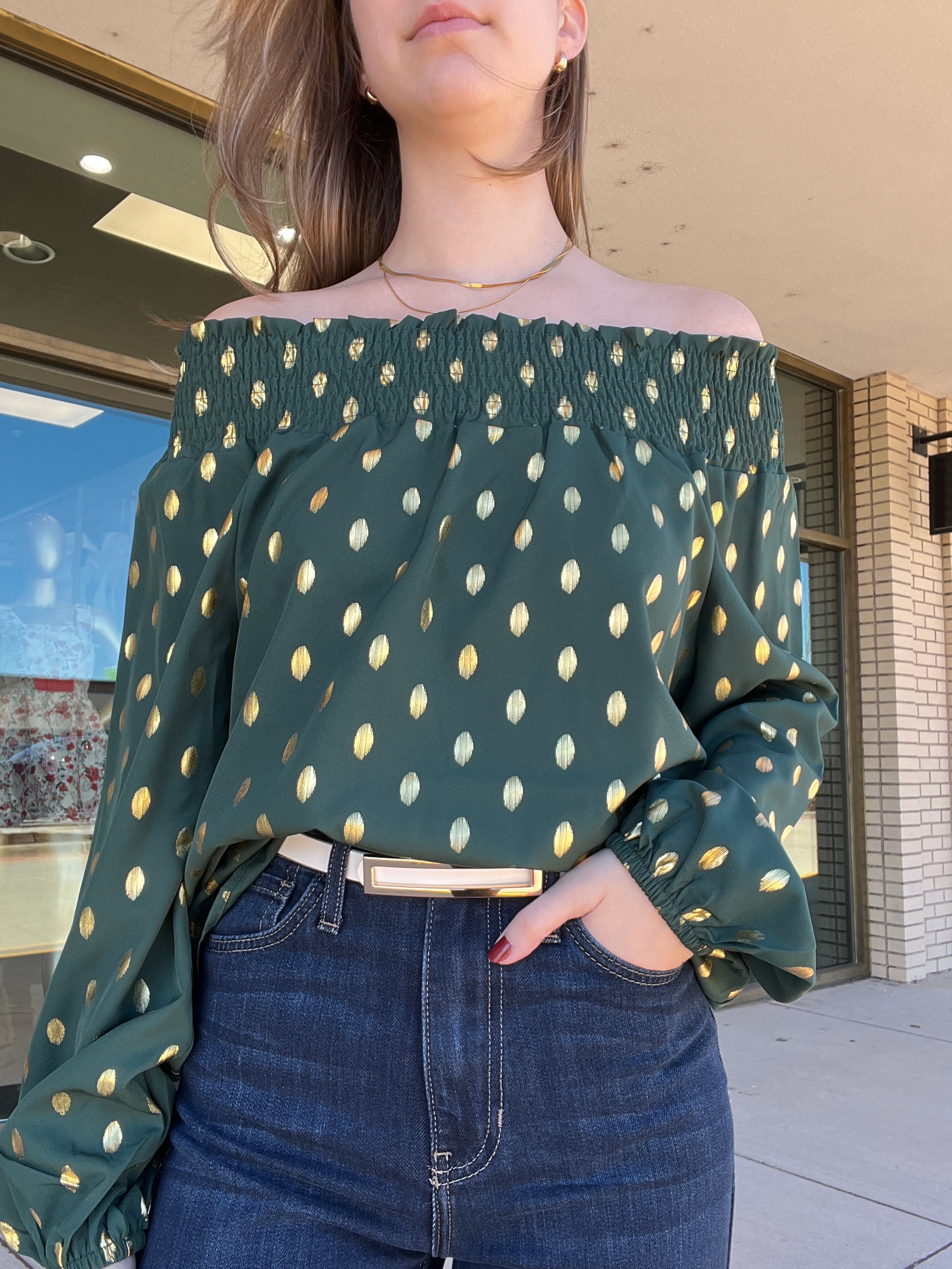 Darlene gold dot off the shoulder blouse