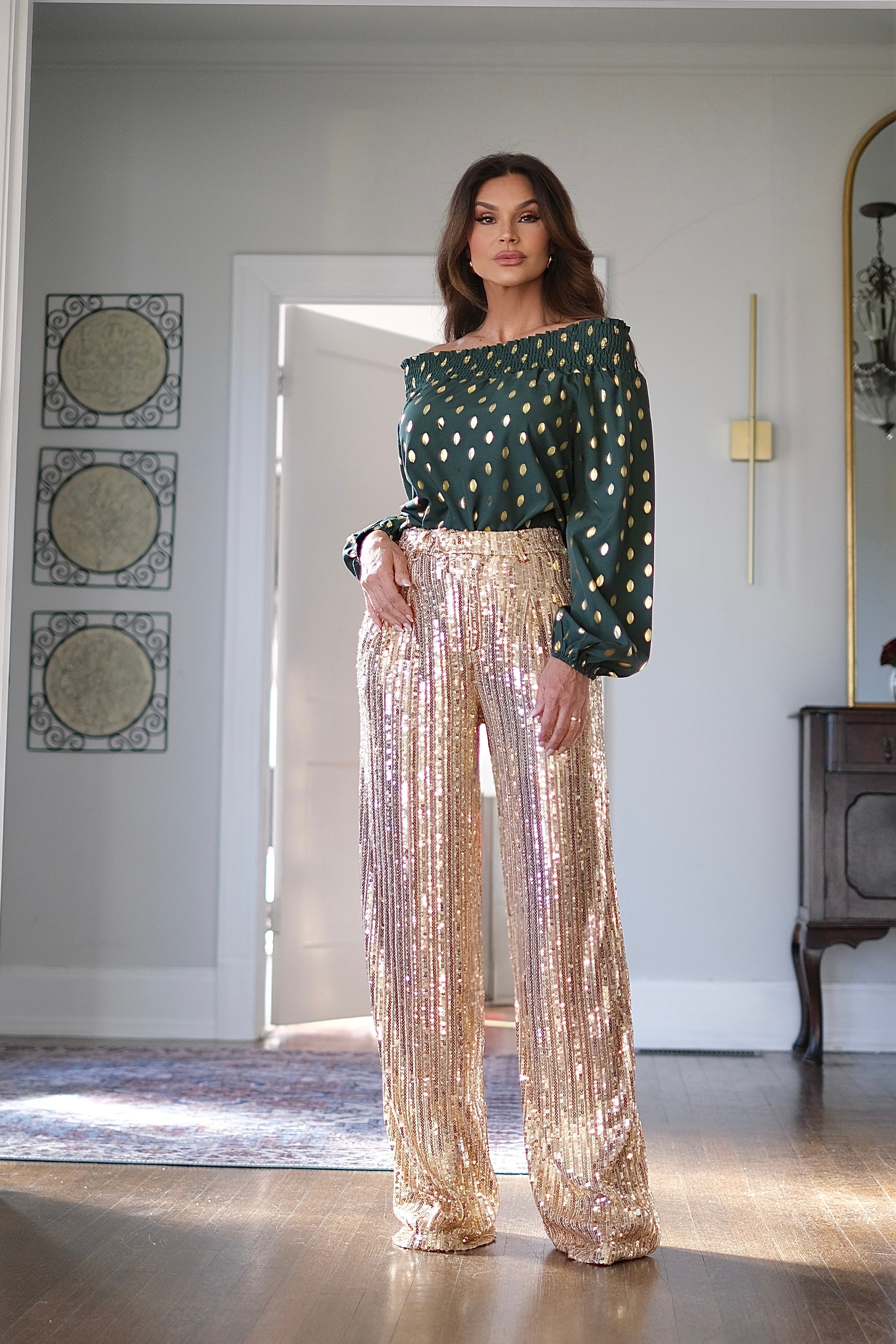 Darlene gold dot off the shoulder blouse