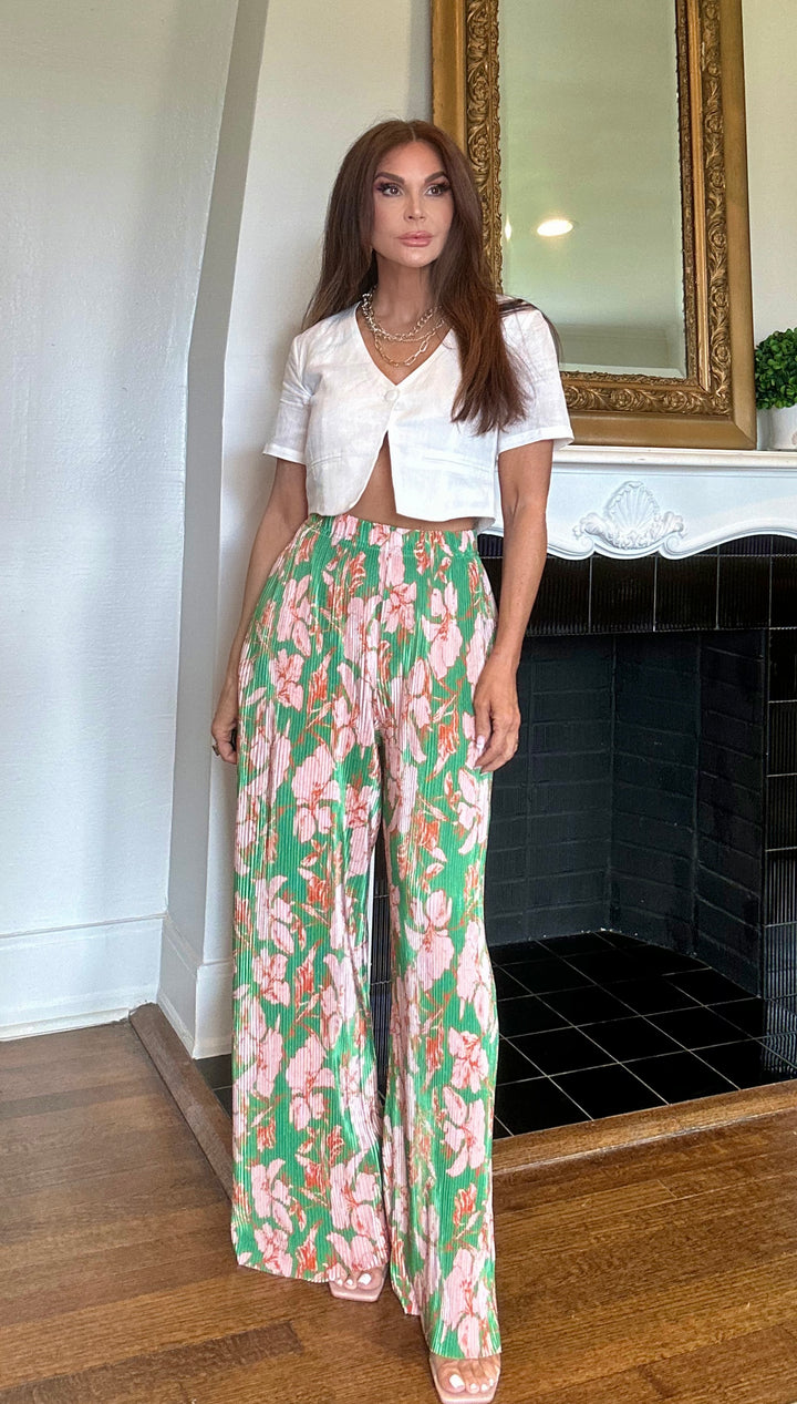 Dara green and peach floral print summer pant