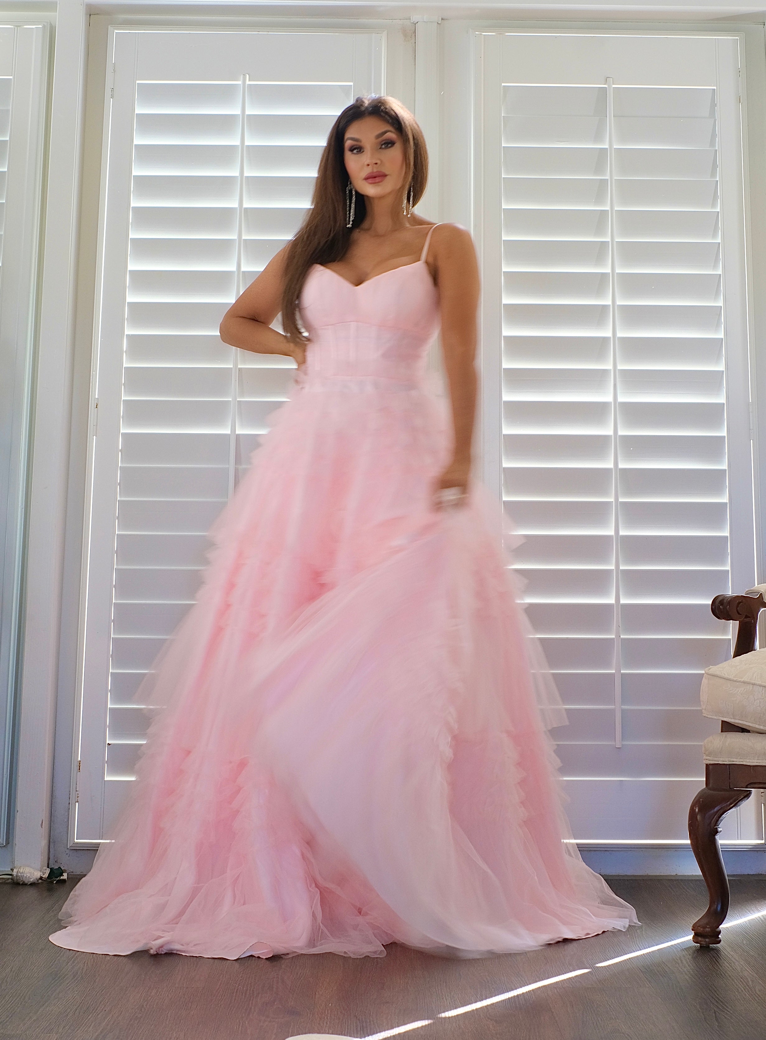 Belle blush tiered tulle ruffle skirt formal dress