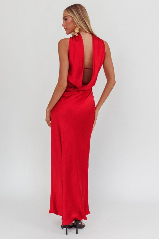 Posh Satin Midi Dress With Attached Neck Sash