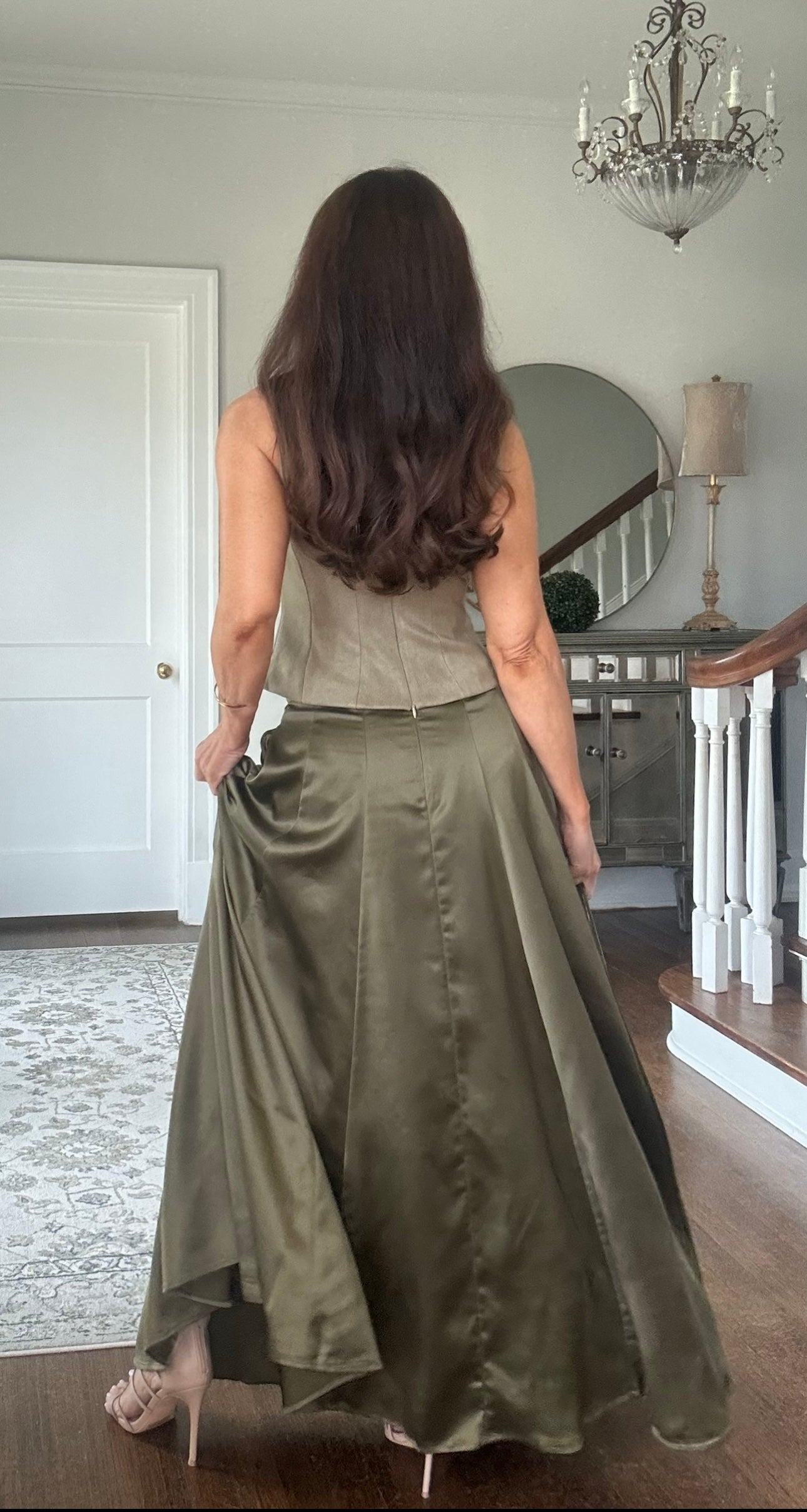 Olivia Olive Satin Maxi Skirt with Pockets