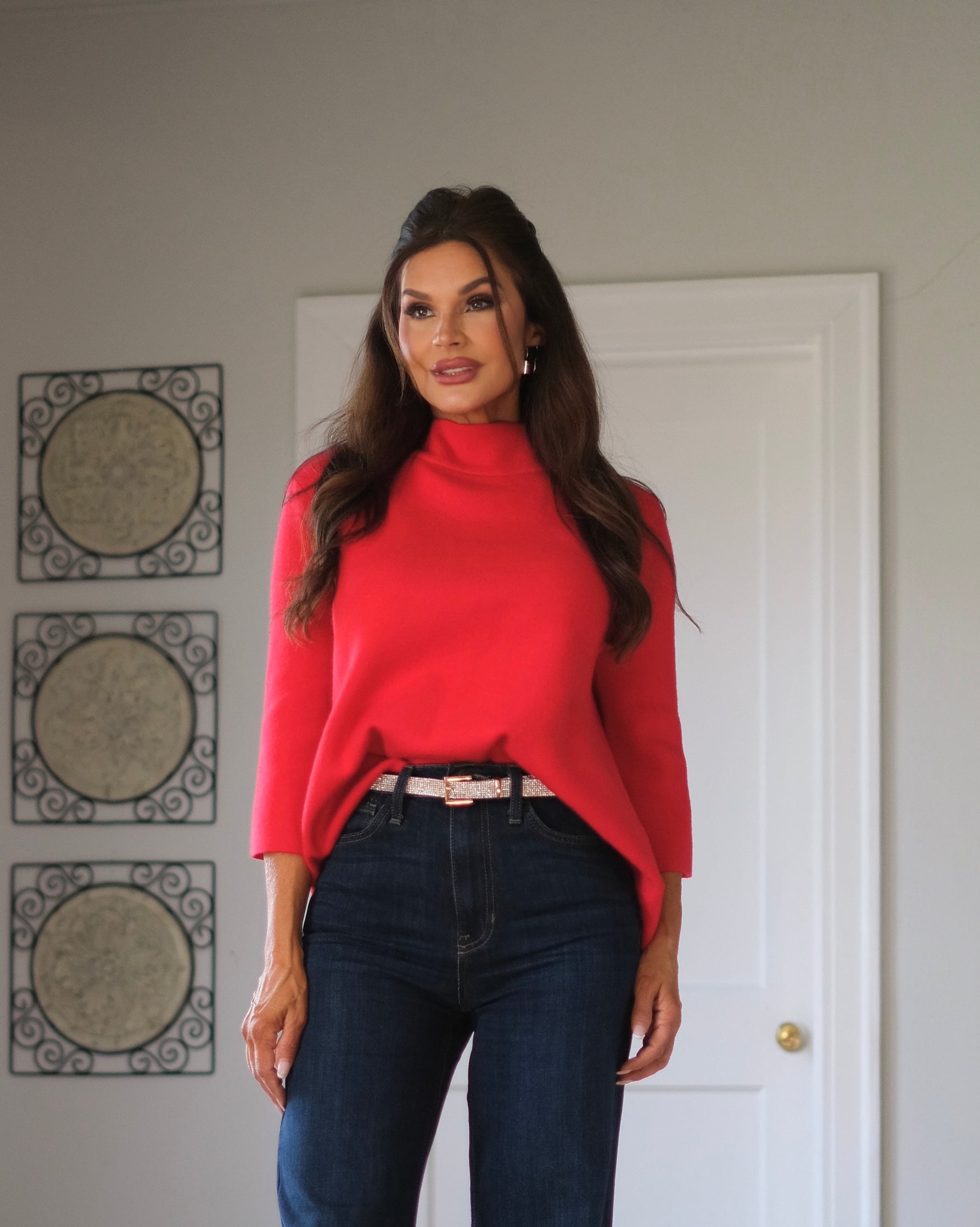 Freyna red mock neck pul over sweater with bell sleeve