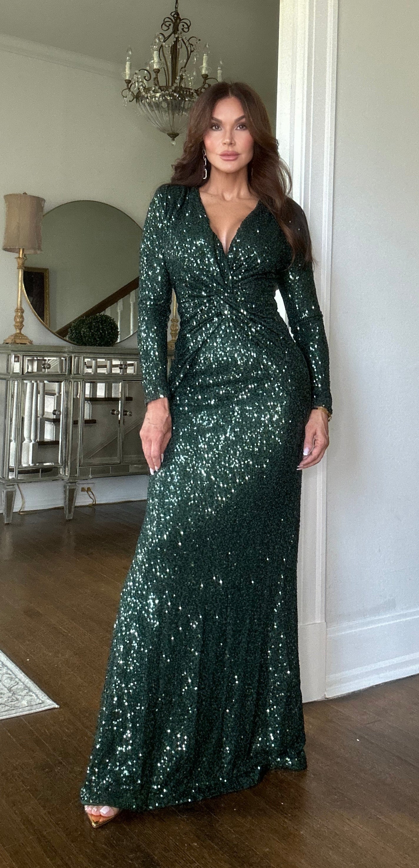 San Hunter Green Sequin Long Sleeve Deep-V Formal with Twist Front