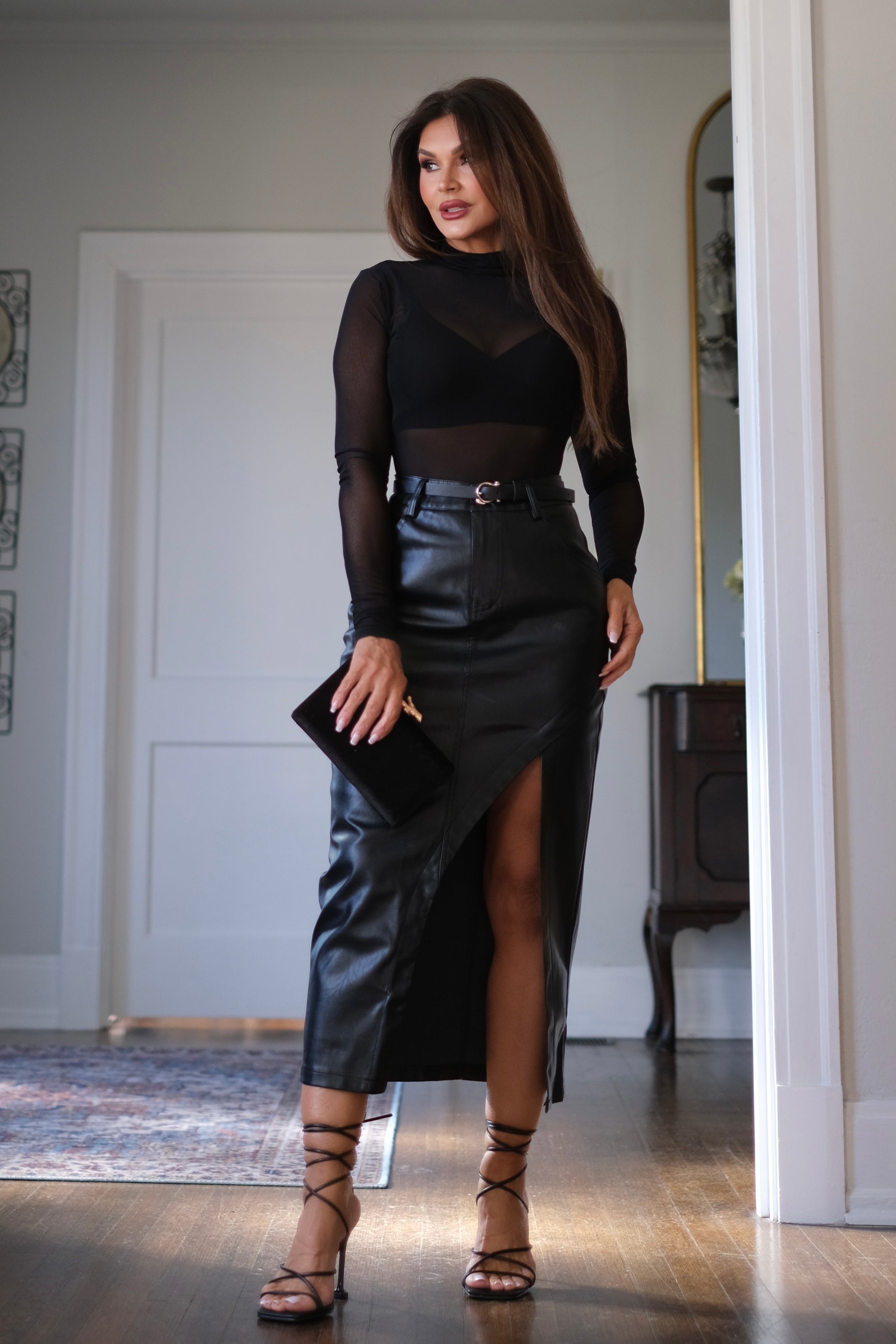 Carine black faux leather midi skirt with slit