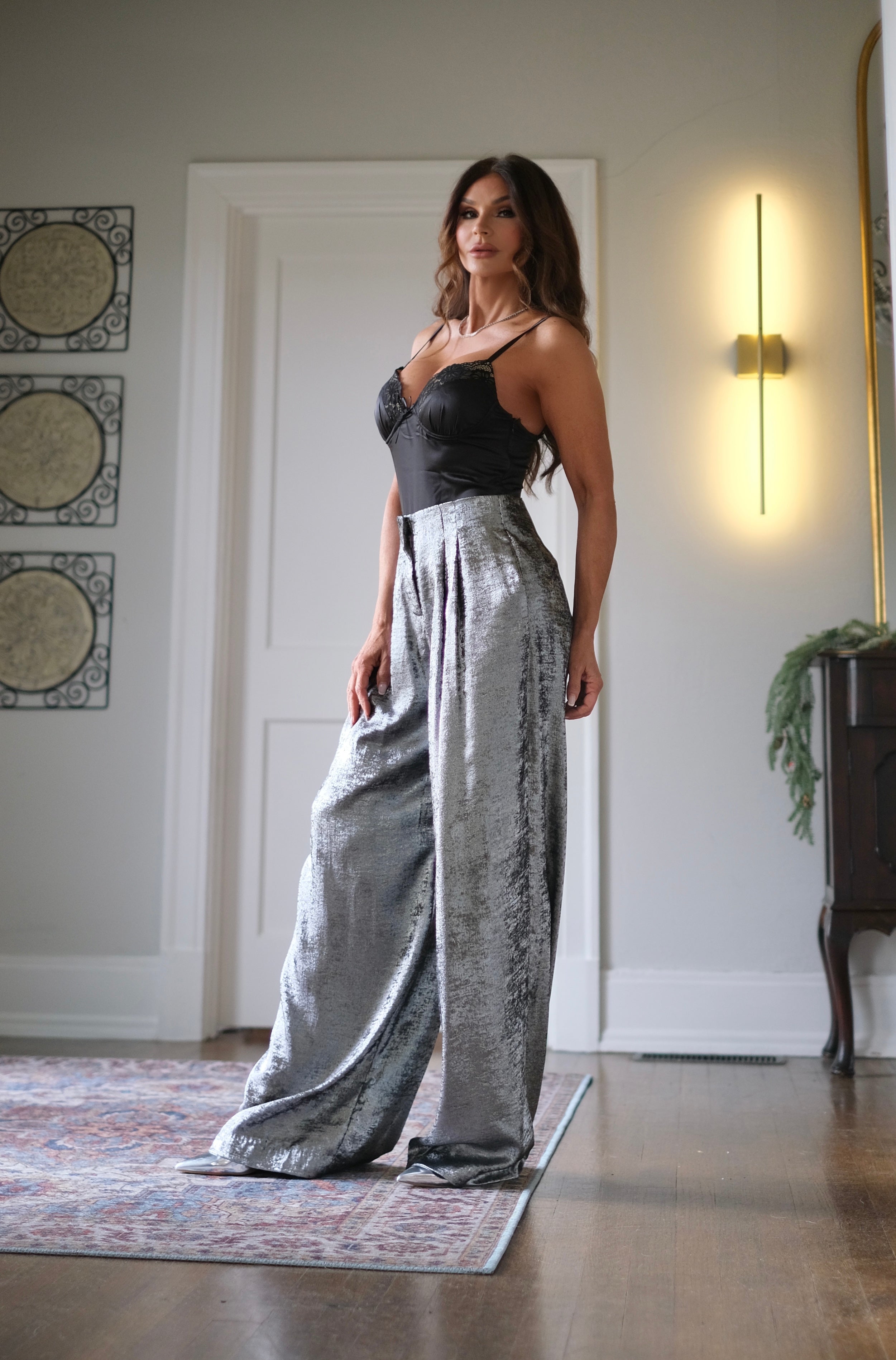 Madeline Silver Metallic Highwaist Trouser