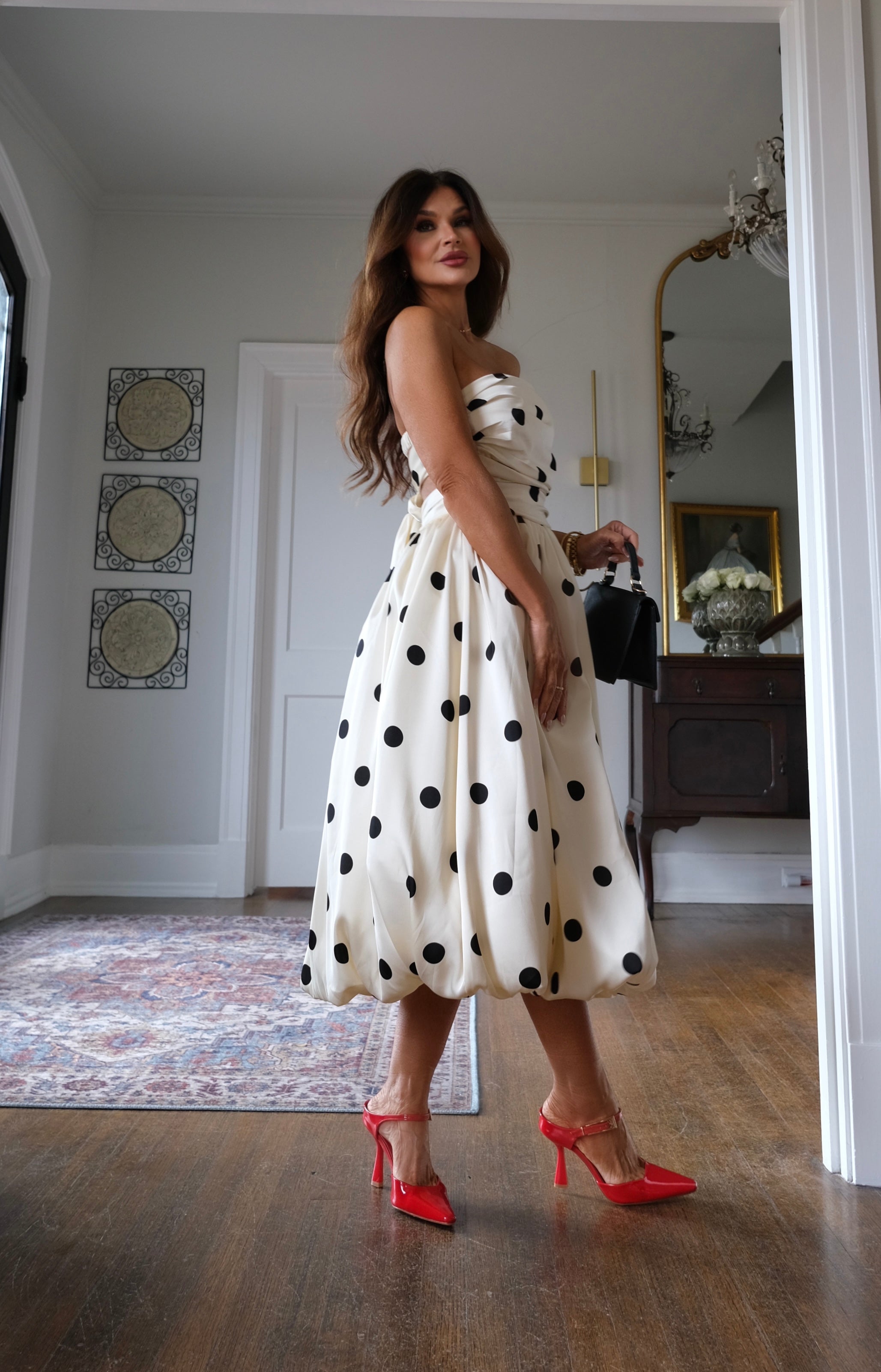 Katia black and white polka dot strapless bubble dress