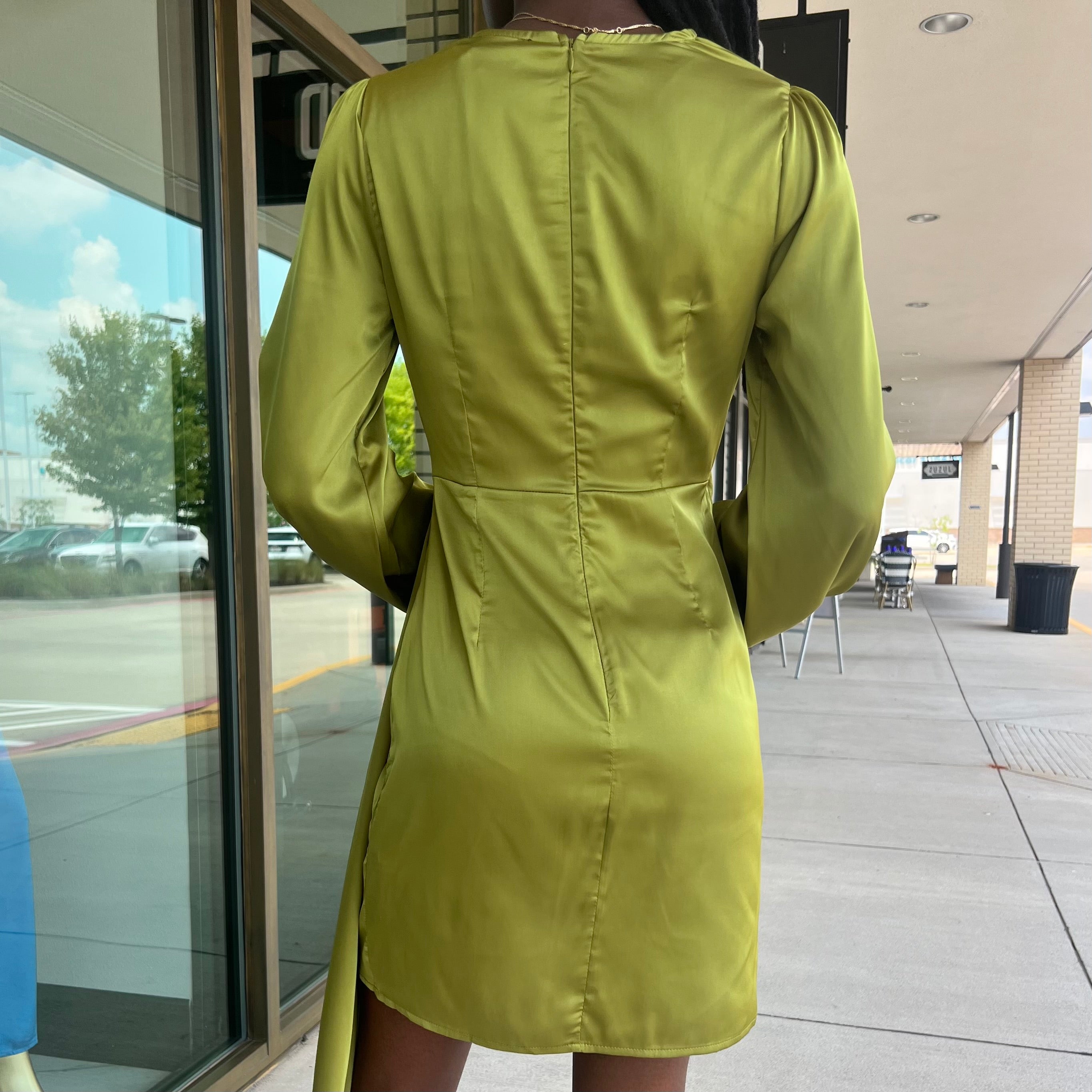 Lori Avocado Green Satin One Shoulder Ruffle Hem Mini Dress