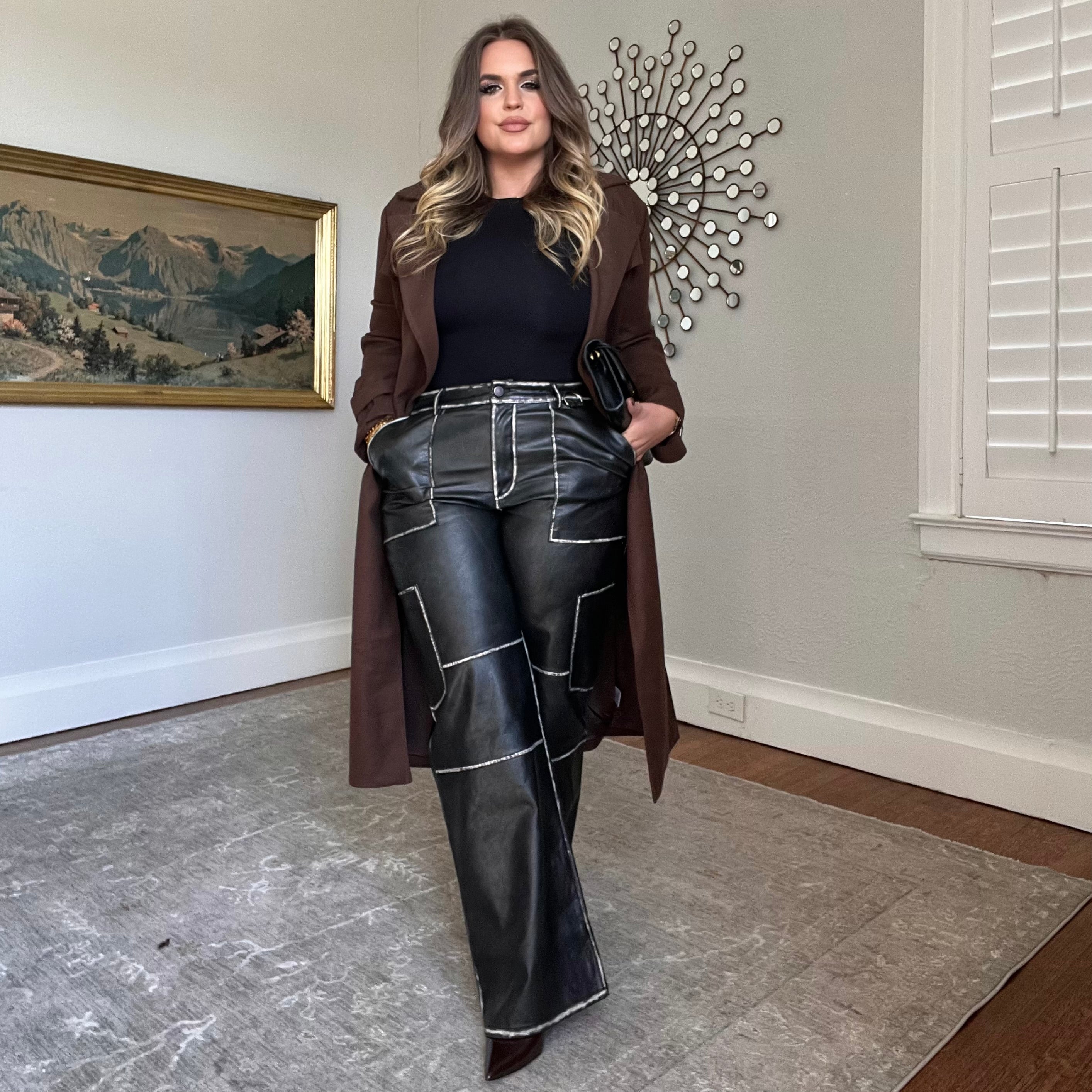 Cambria Vintage Black Vegan Leather Tan Stitch Cargo Pants