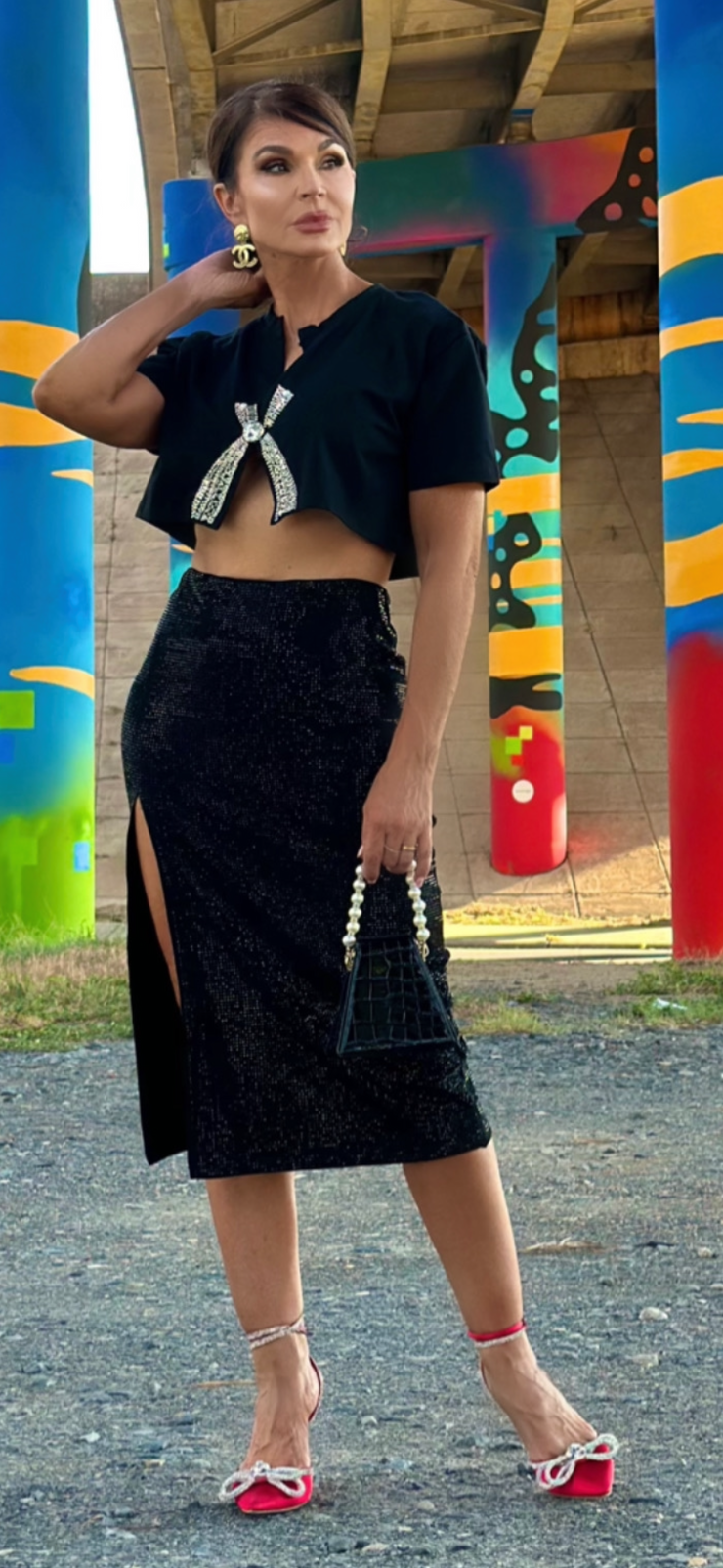 Starlet Black on black rhinestone skirt w/ slit