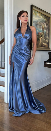 Angelina Smoke blue satin halter corset gown with slit