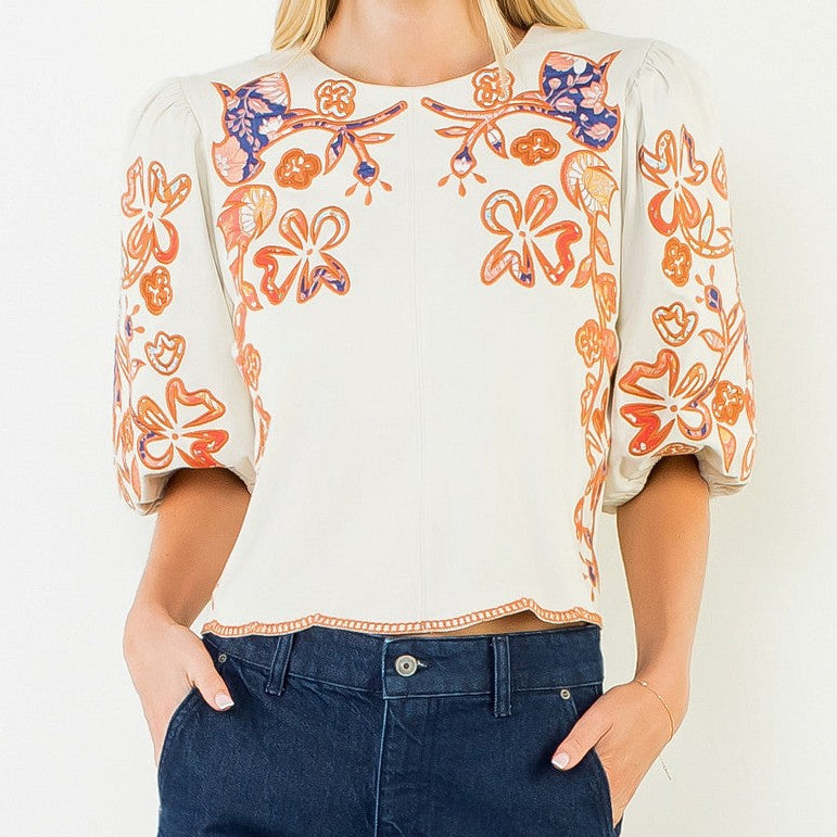 Connie Cream Floral Embroidered Puff Sleeve Top