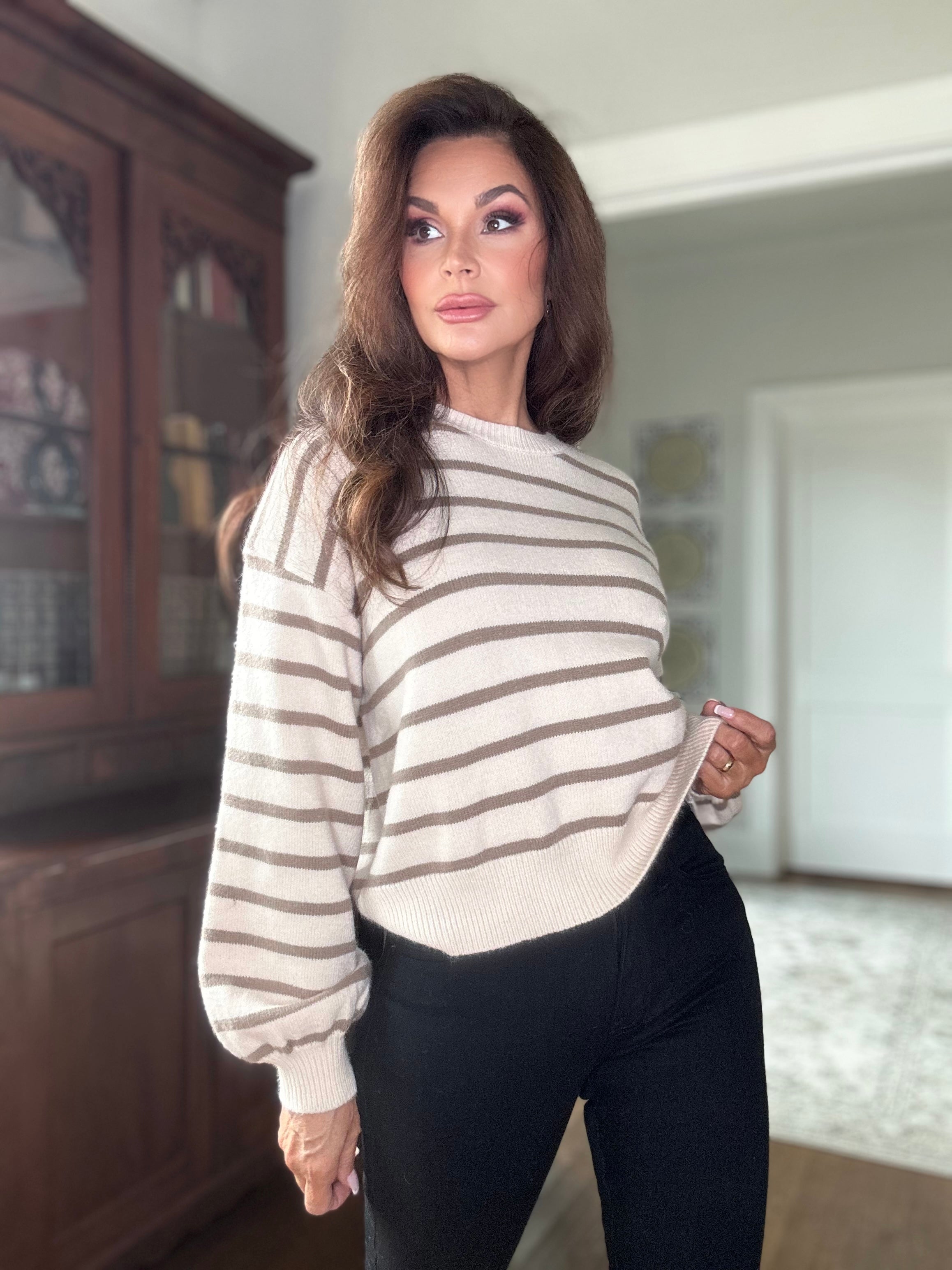 Cora cream and camel striped faux button sweater