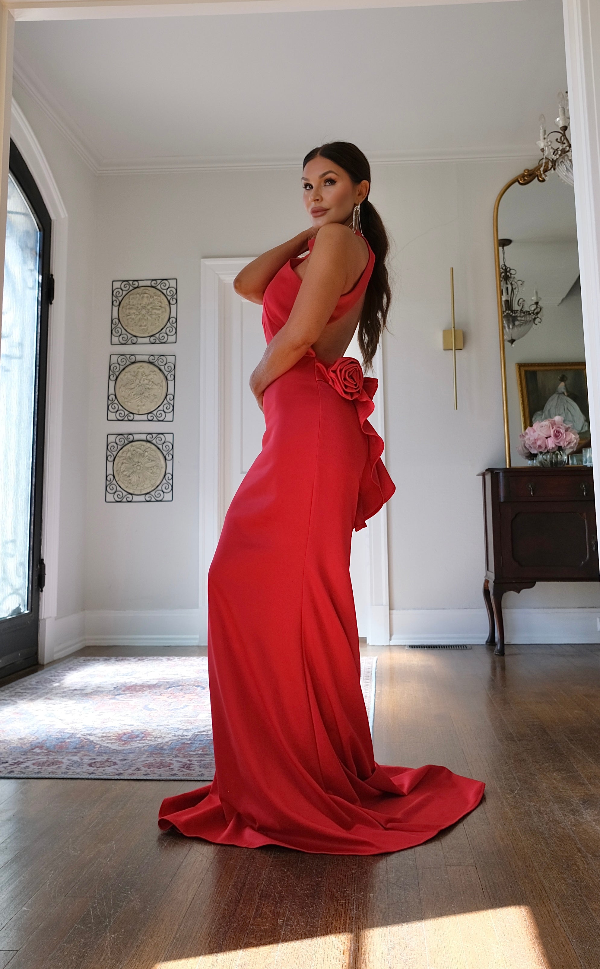 Coco red backless halter mermaid formal dress