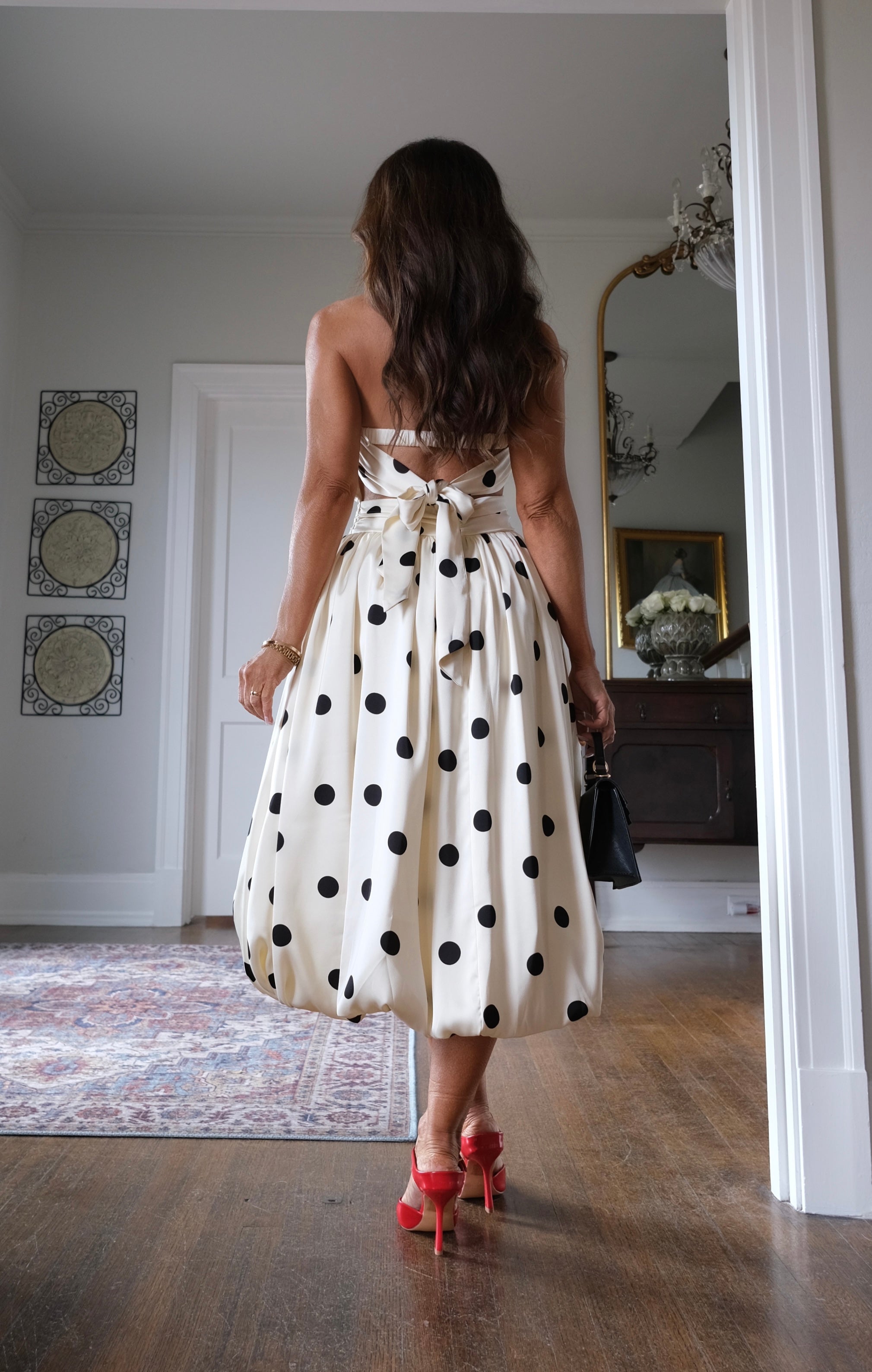 Katia black and white polka dot strapless bubble dress