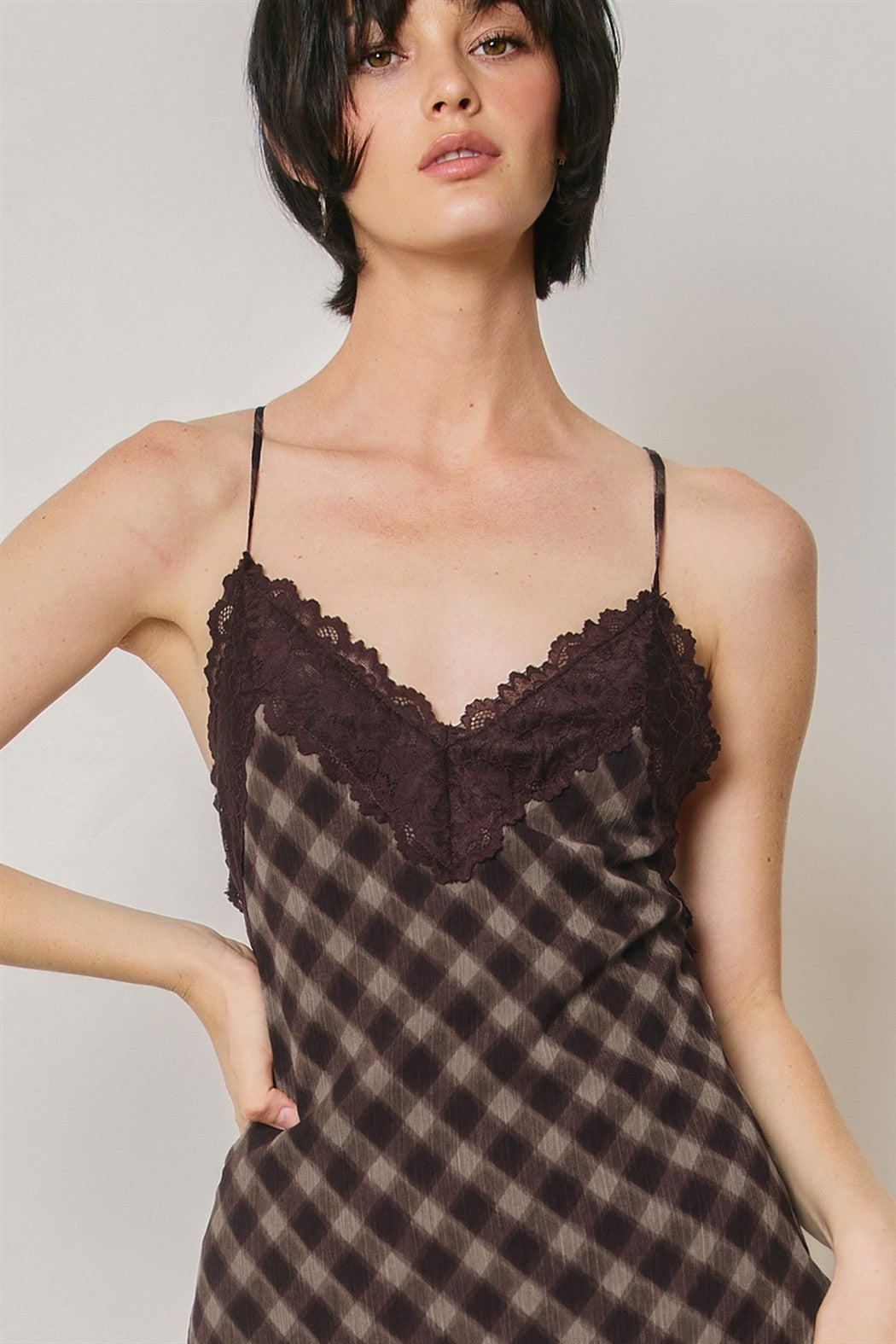 Mitchie Espresso Brown Checkered Lace Slip Dress