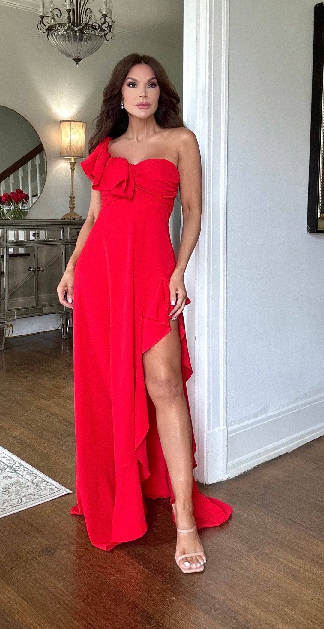 Trina red one shoulder ruffle and slit maxi dress