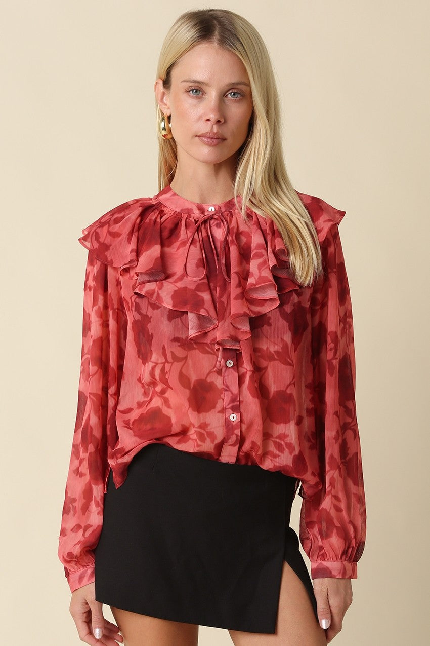 Poppy Pink & Red Floral Ruffle Blouse