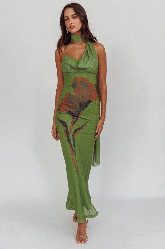 Leslie Matcha Green Midi With Floral Pattern