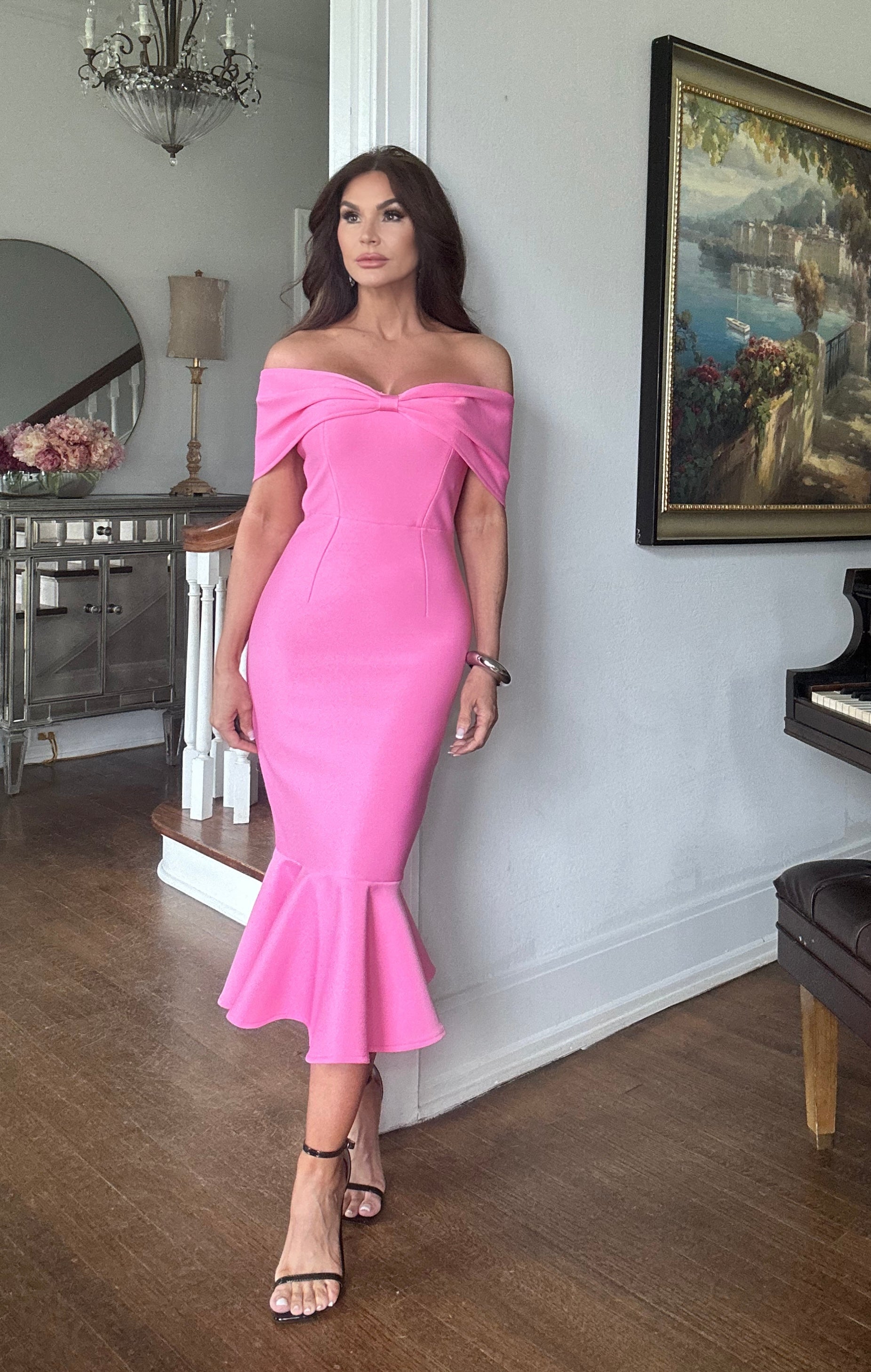 Barbie pink bow off shoulder bandage midi dress