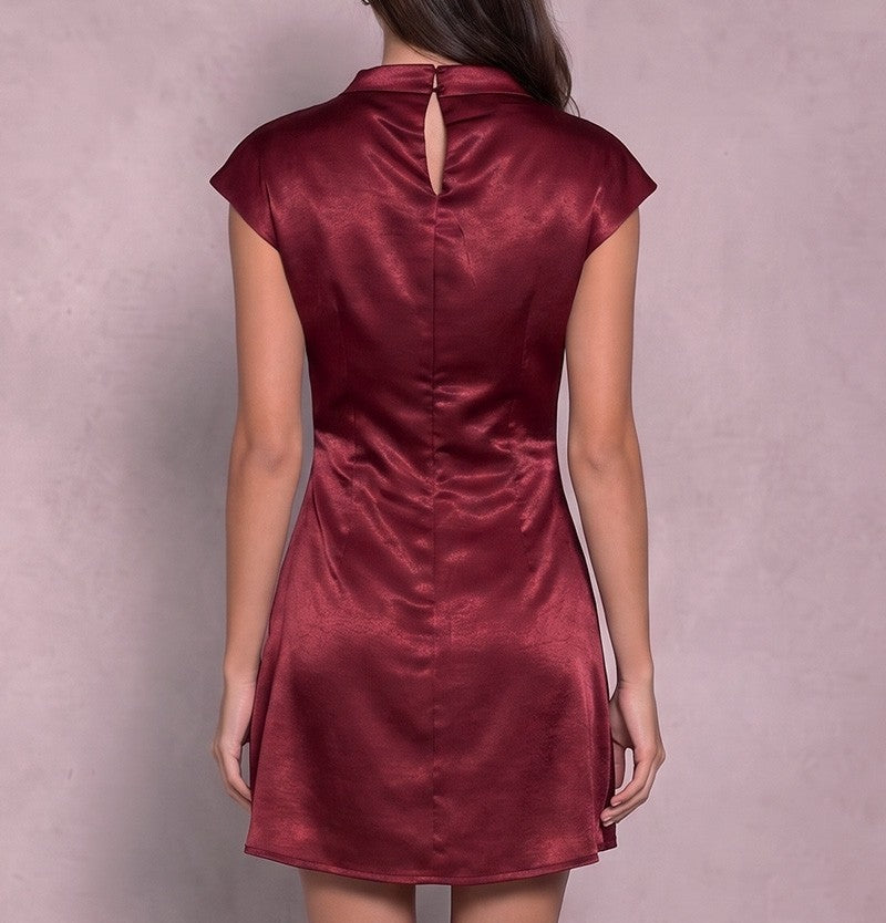 Brinley Burgundy Satin High Neck Cap Sleeve Mini Dress