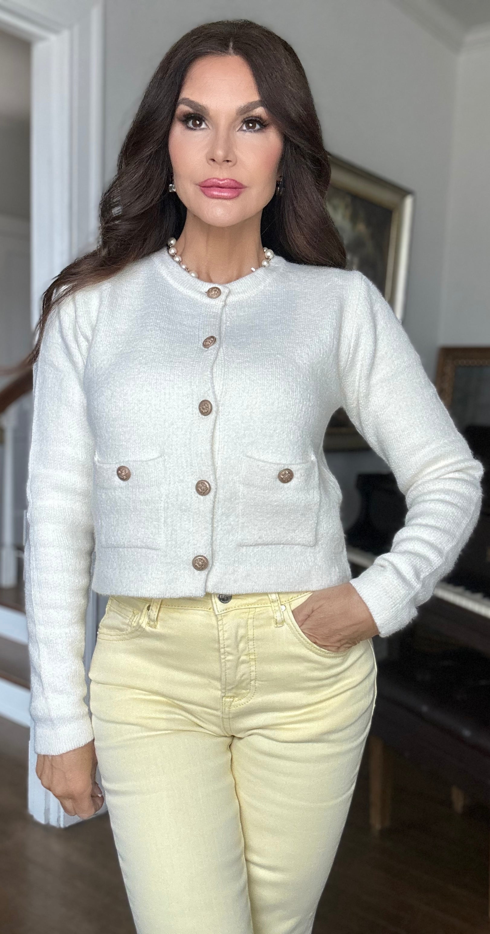 Beth Creme round neck cardigan with baroque buttons