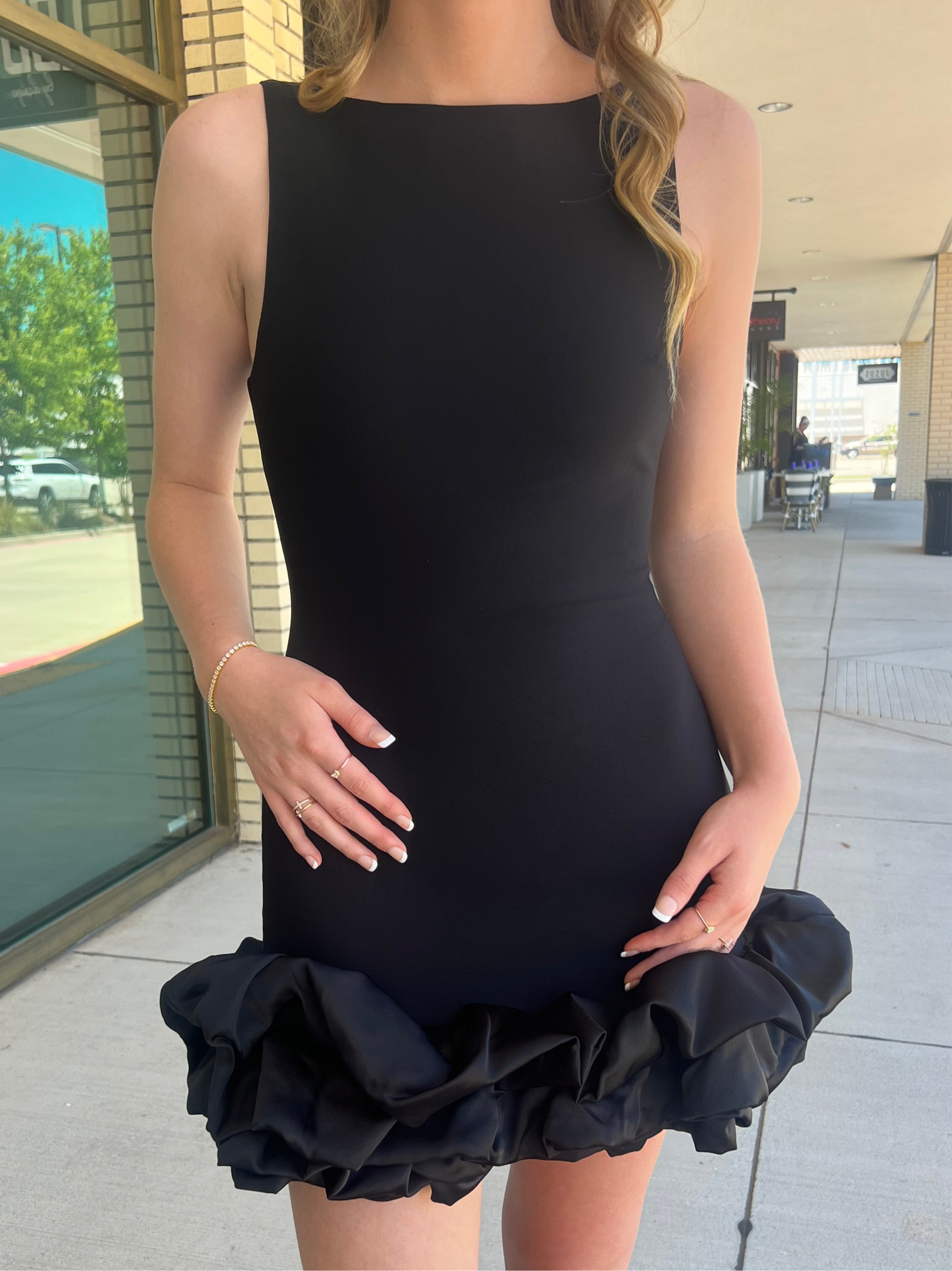 Poppy Black sleeveless puff skirt mini dress