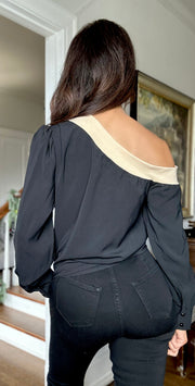 Keren black and tan off asymmetric off shoulder top