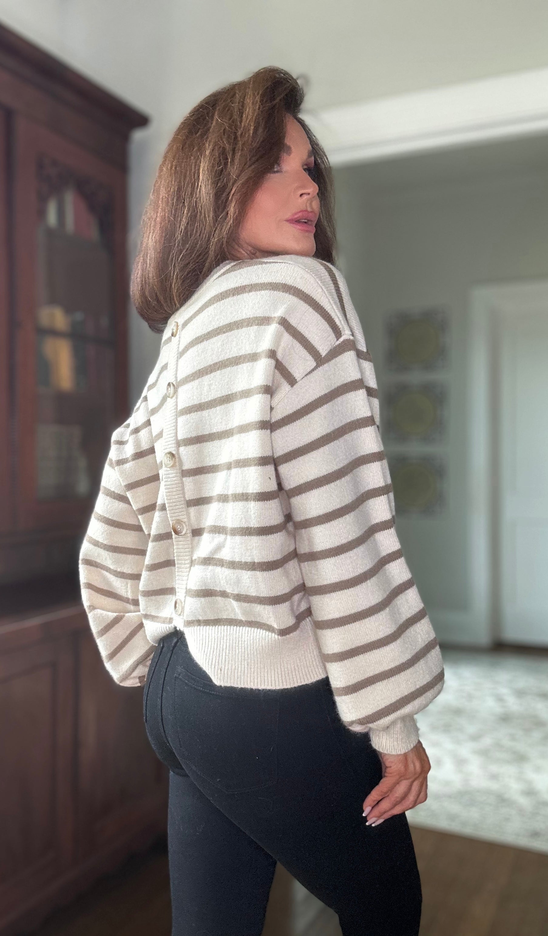 Cora cream and camel striped faux button sweater