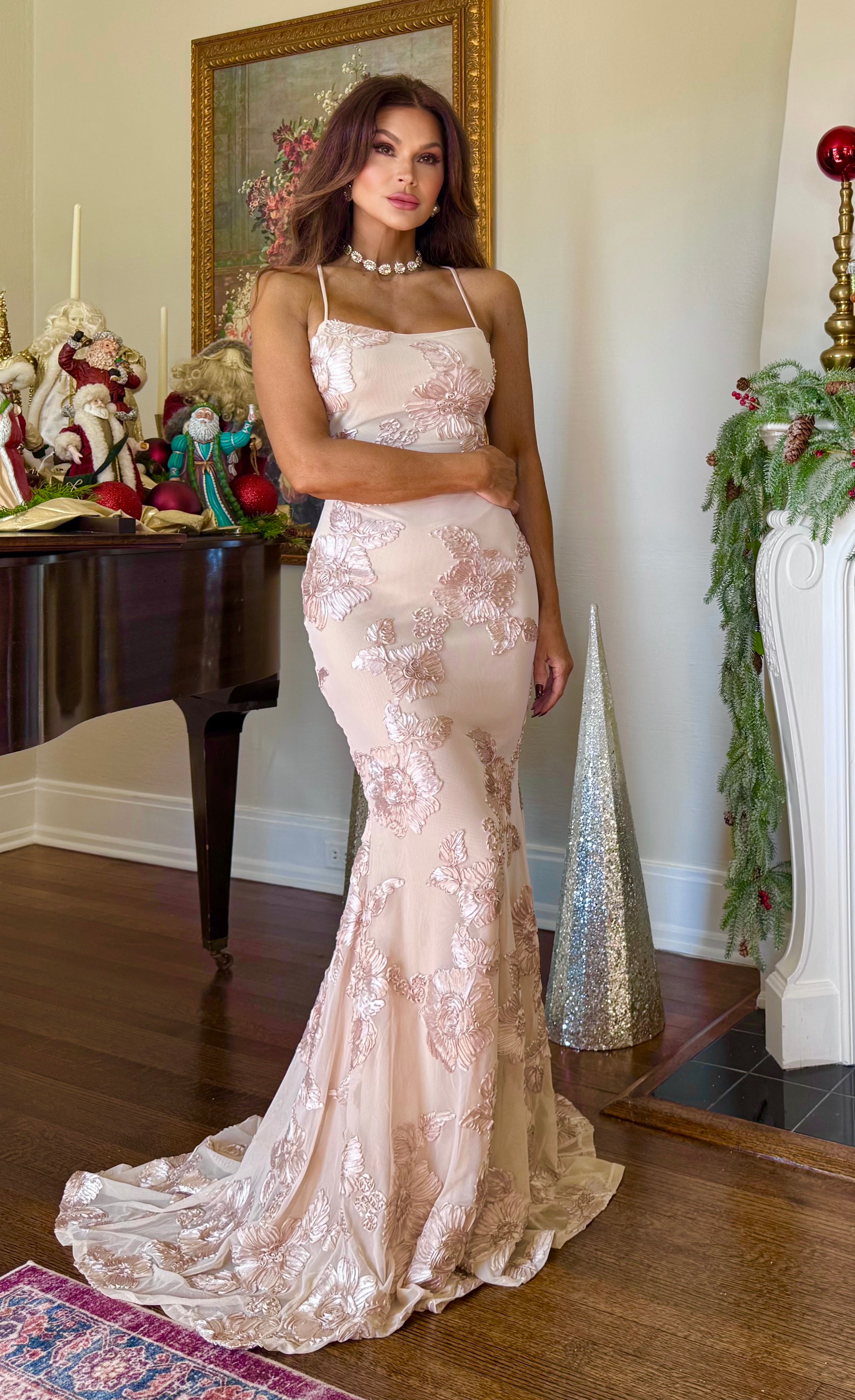 Sophie Champagne Flower Oblique Lace On Stretch Mesh Formal Dress