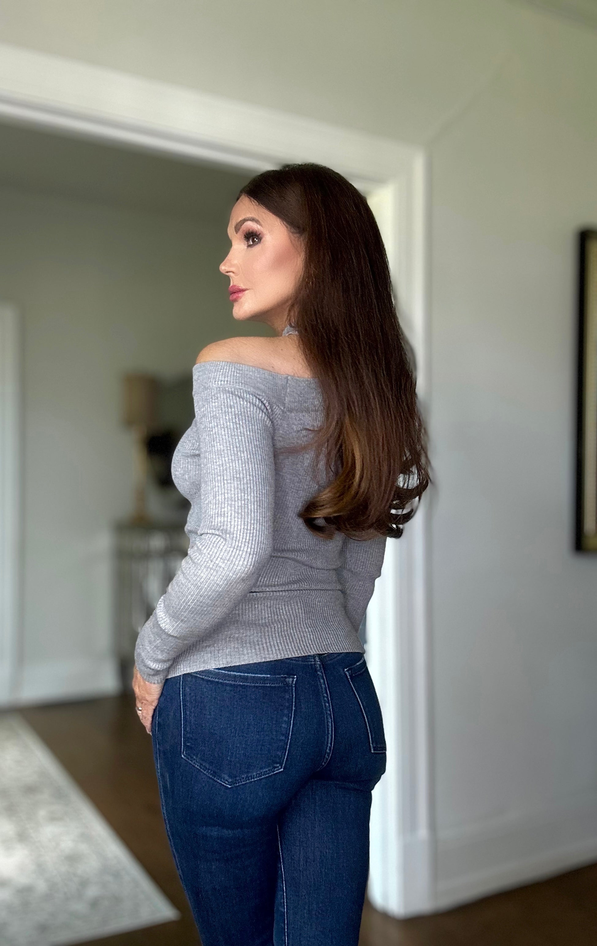 Kate heather gray batwing off the shoulder top