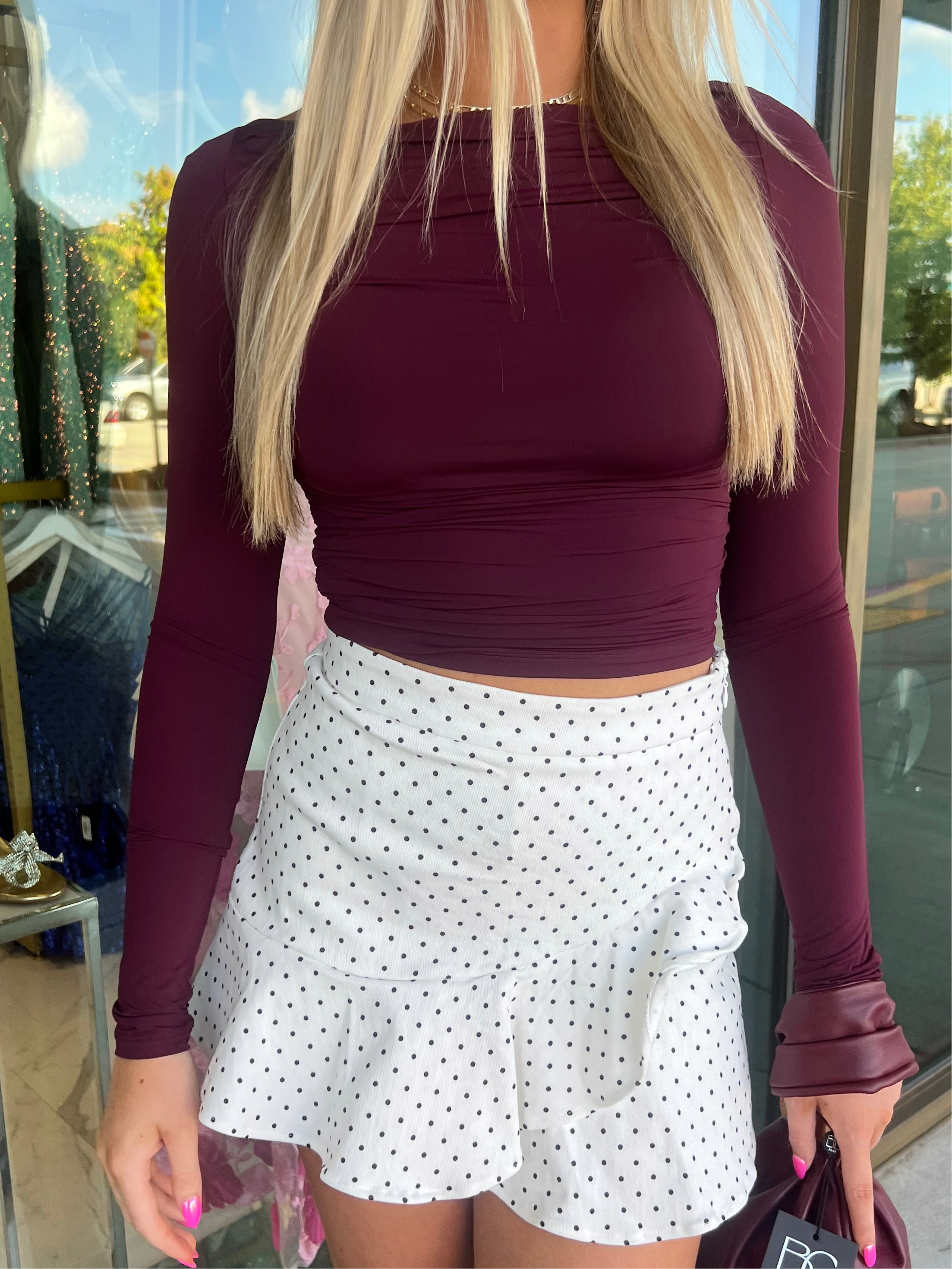 Mariah Black Cherry Boat Neck Long Sleeve Top