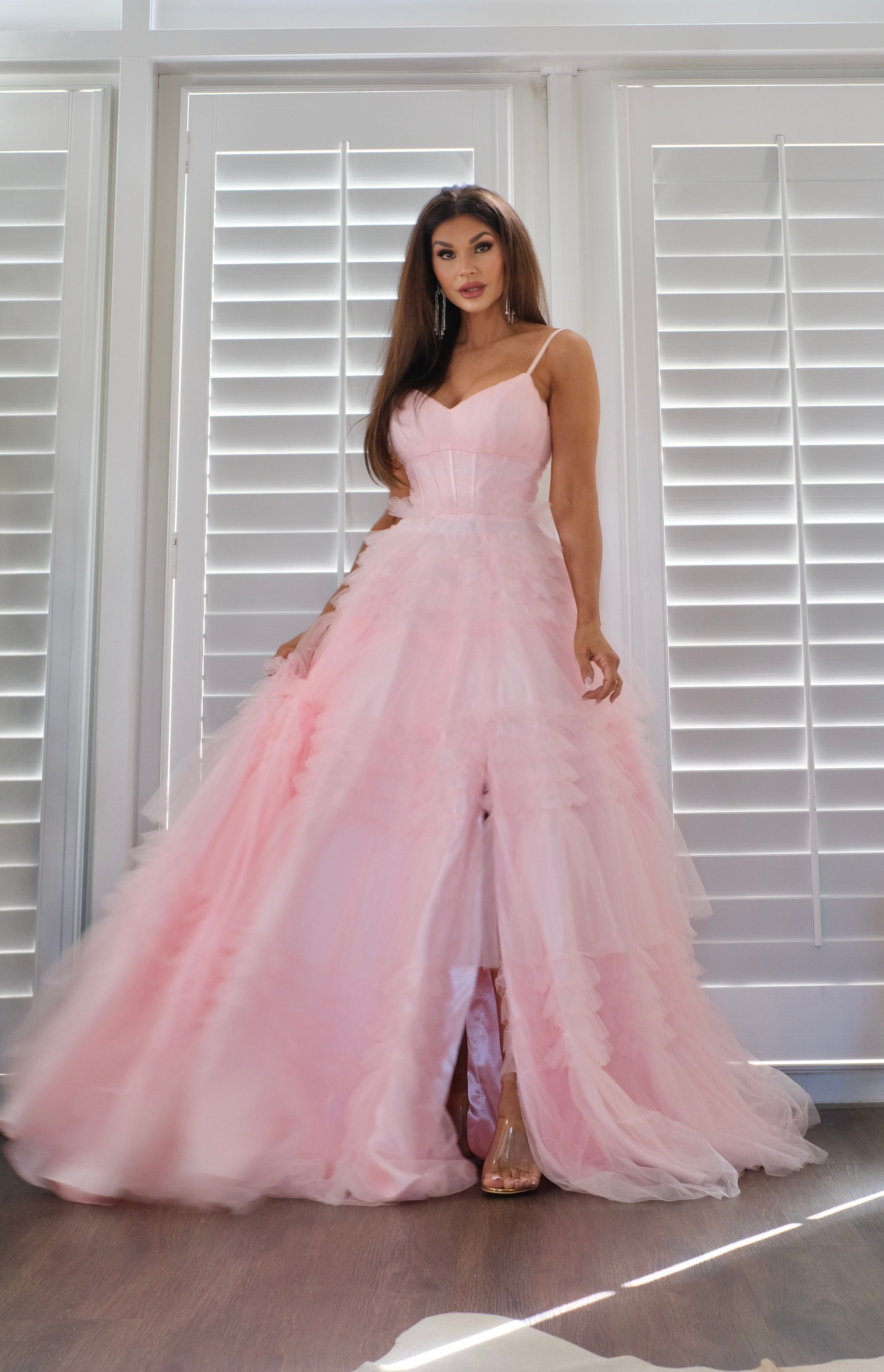 Belle blush tiered tulle ruffle skirt formal dress