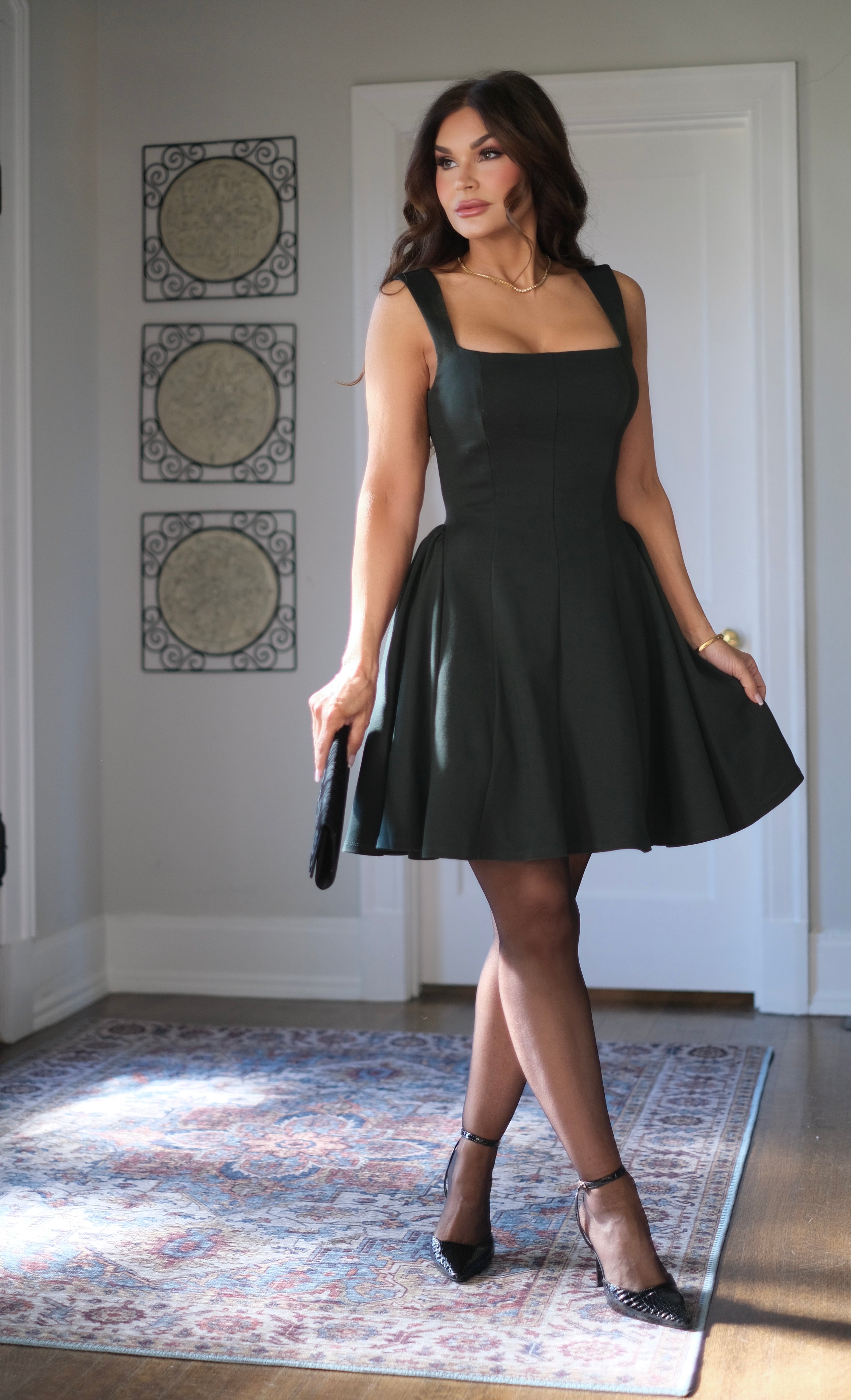 Princessa Forest Green Square Neck Puff Mini Dress