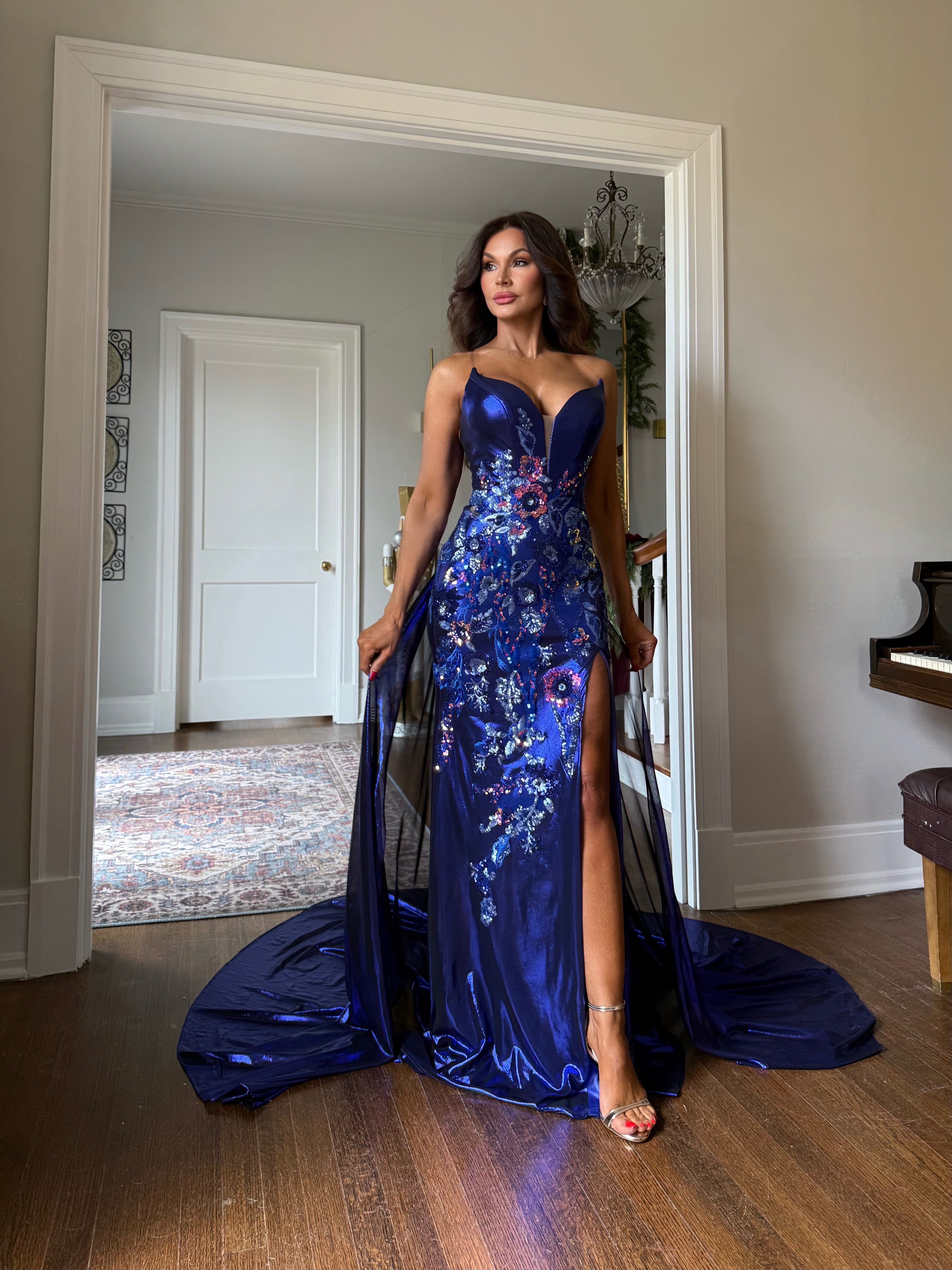 Jasmine royal blue floral sequin formal