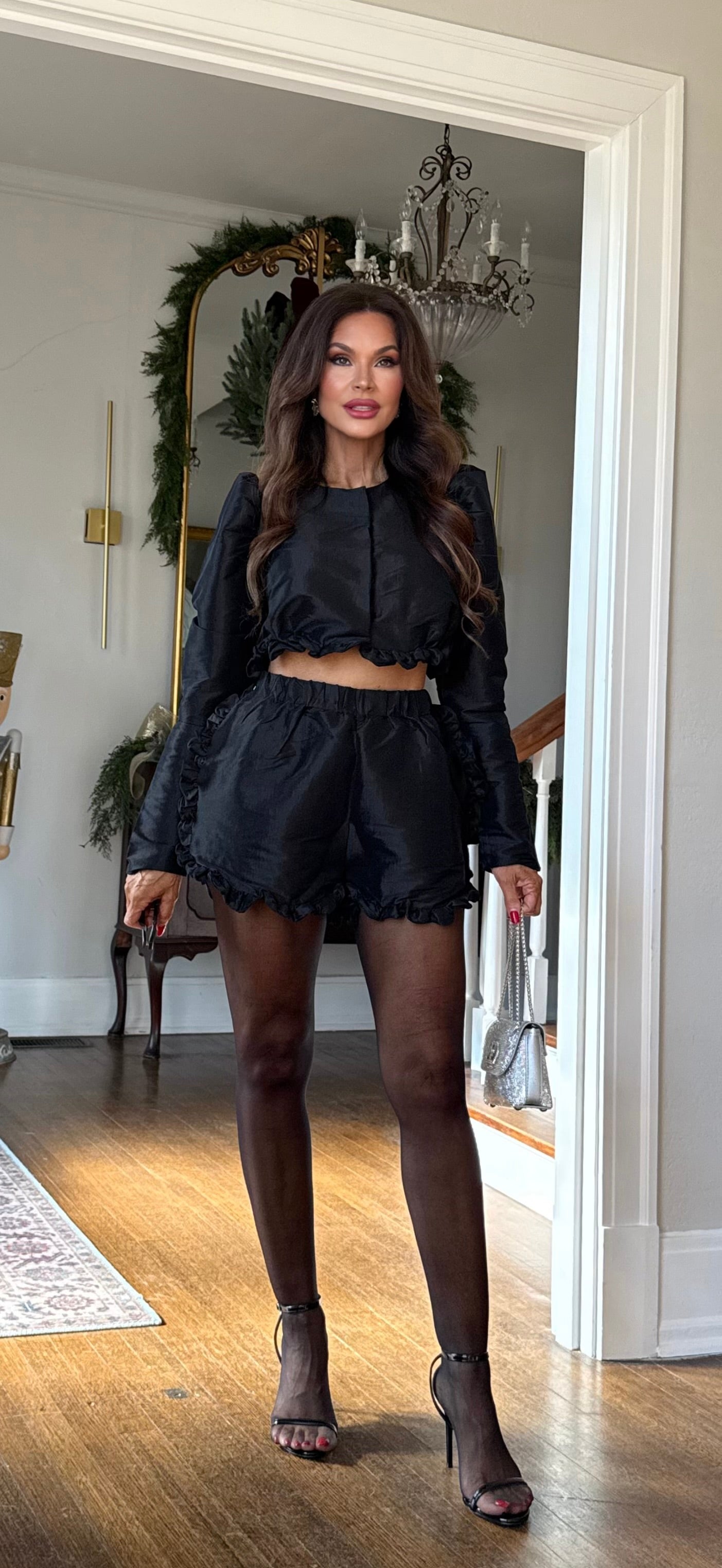 Tamra Black Taffeta Crop Jacket With Ruffle Trim