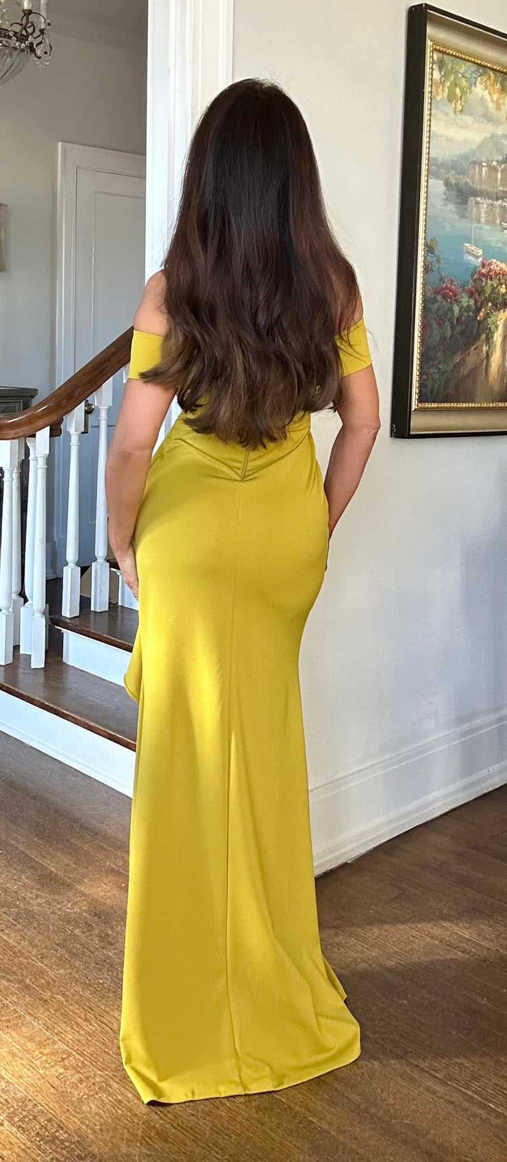 Blair chartreuse shoulder maxi with ruffle and slit